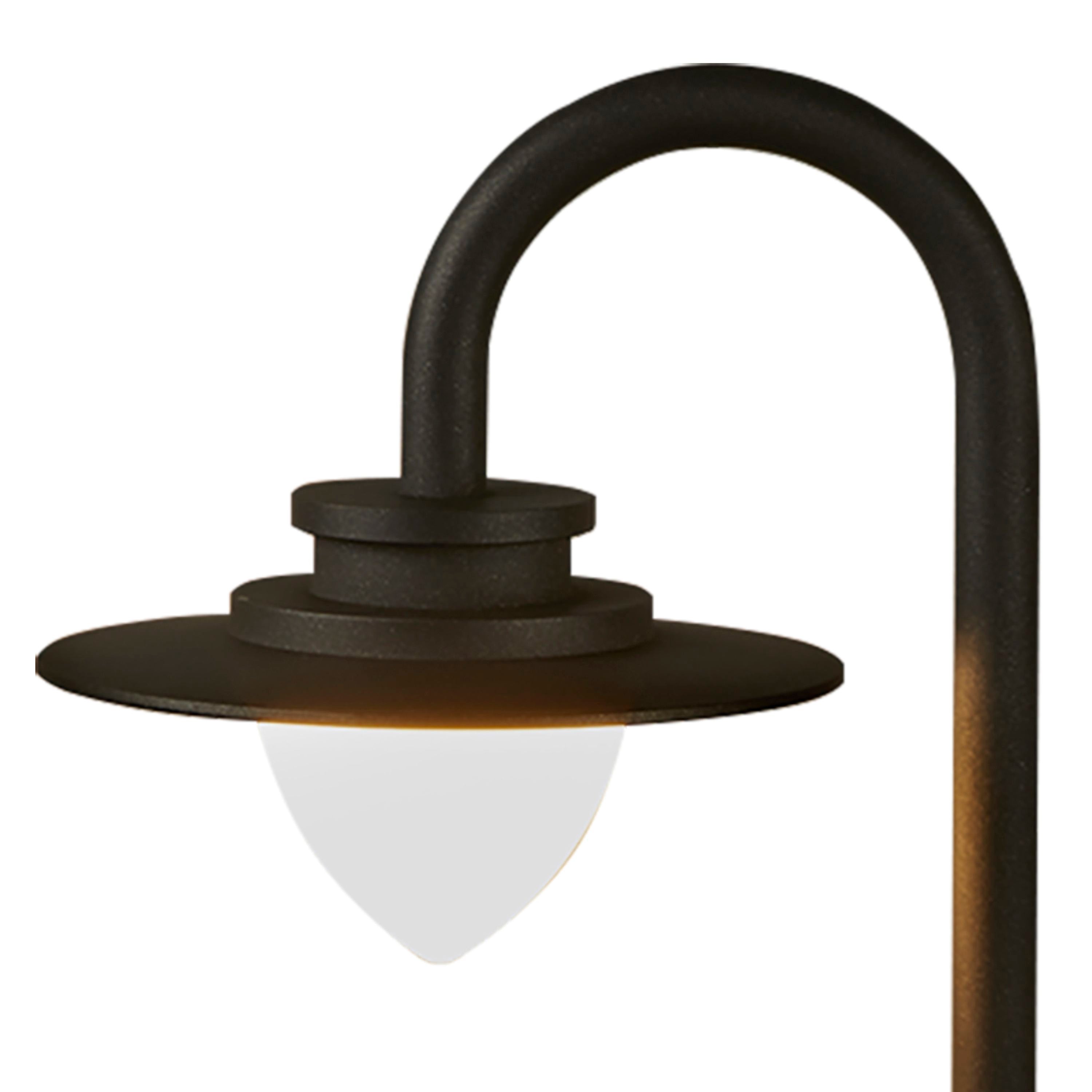 Close up of the Texas outdoor bollard light head showing the graphite gooseneck arm and conical white opal diffuser