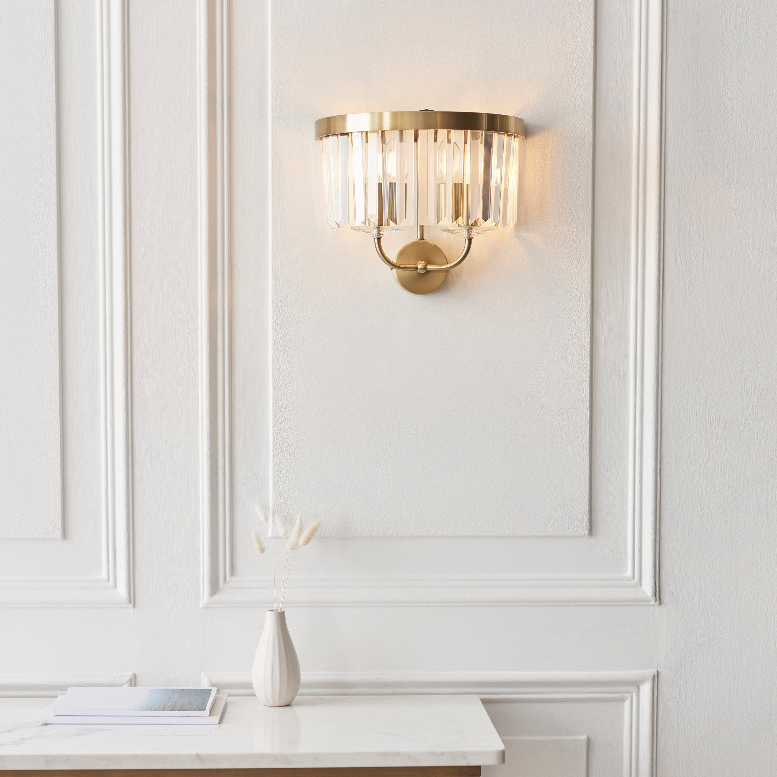 Utopia Martini 2 Light Wall Light - Antique Brass & Clear Cut Glass
