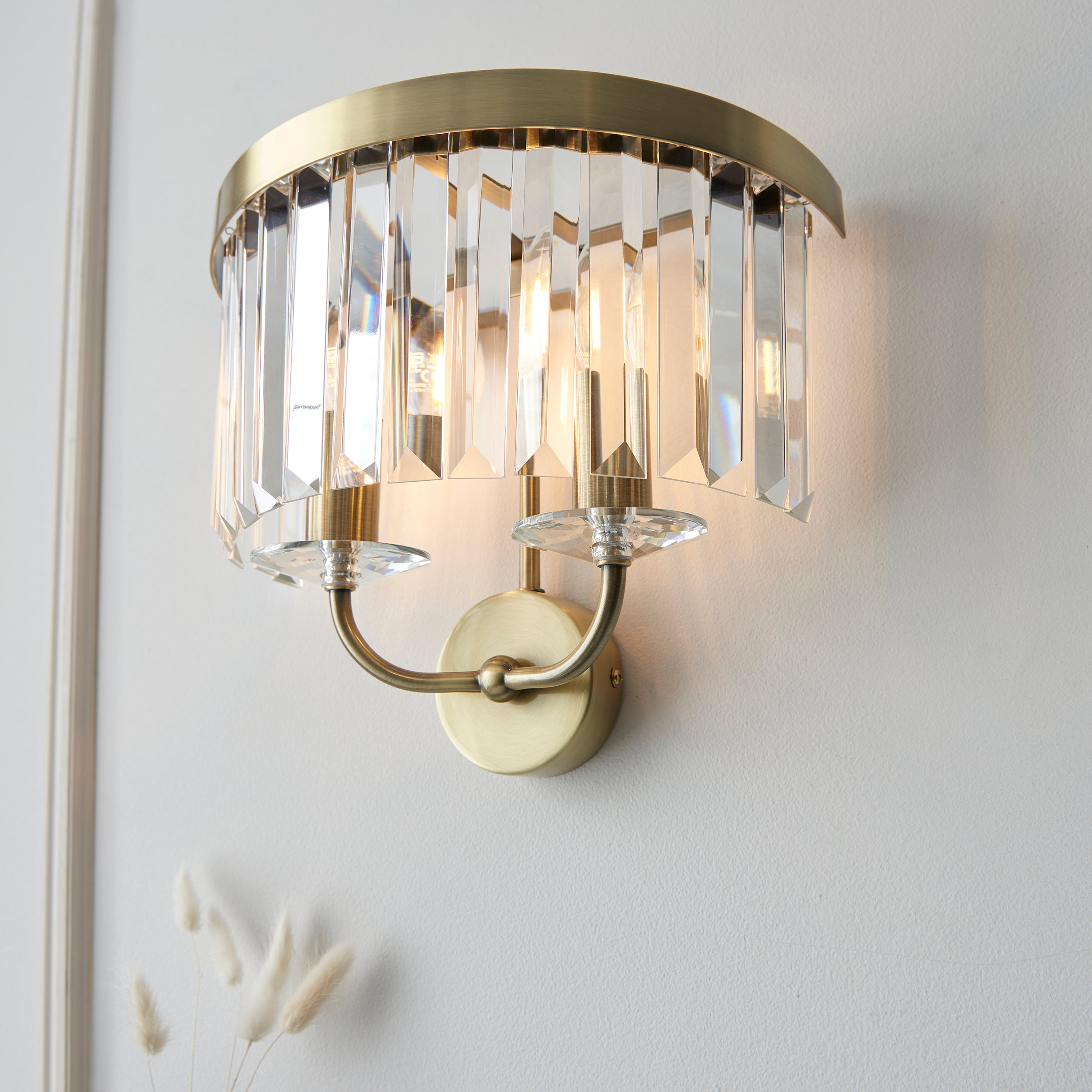 Utopia Martini 2 Light Wall Light - Antique Brass & Clear Cut Glass