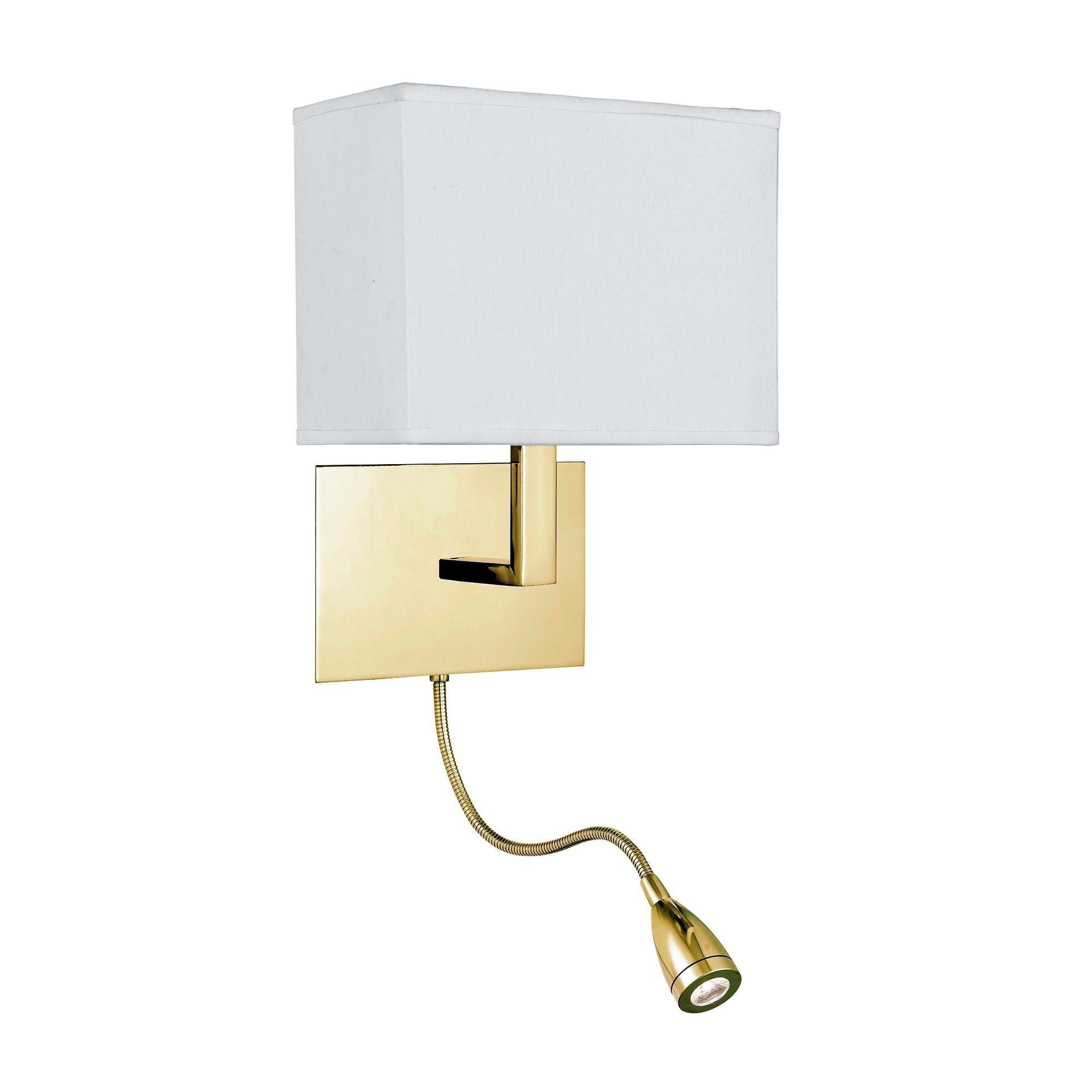 Searchlight Hotel Wall Light in satin brass, front angle showing the white fabric shade and gooseneck reading arm