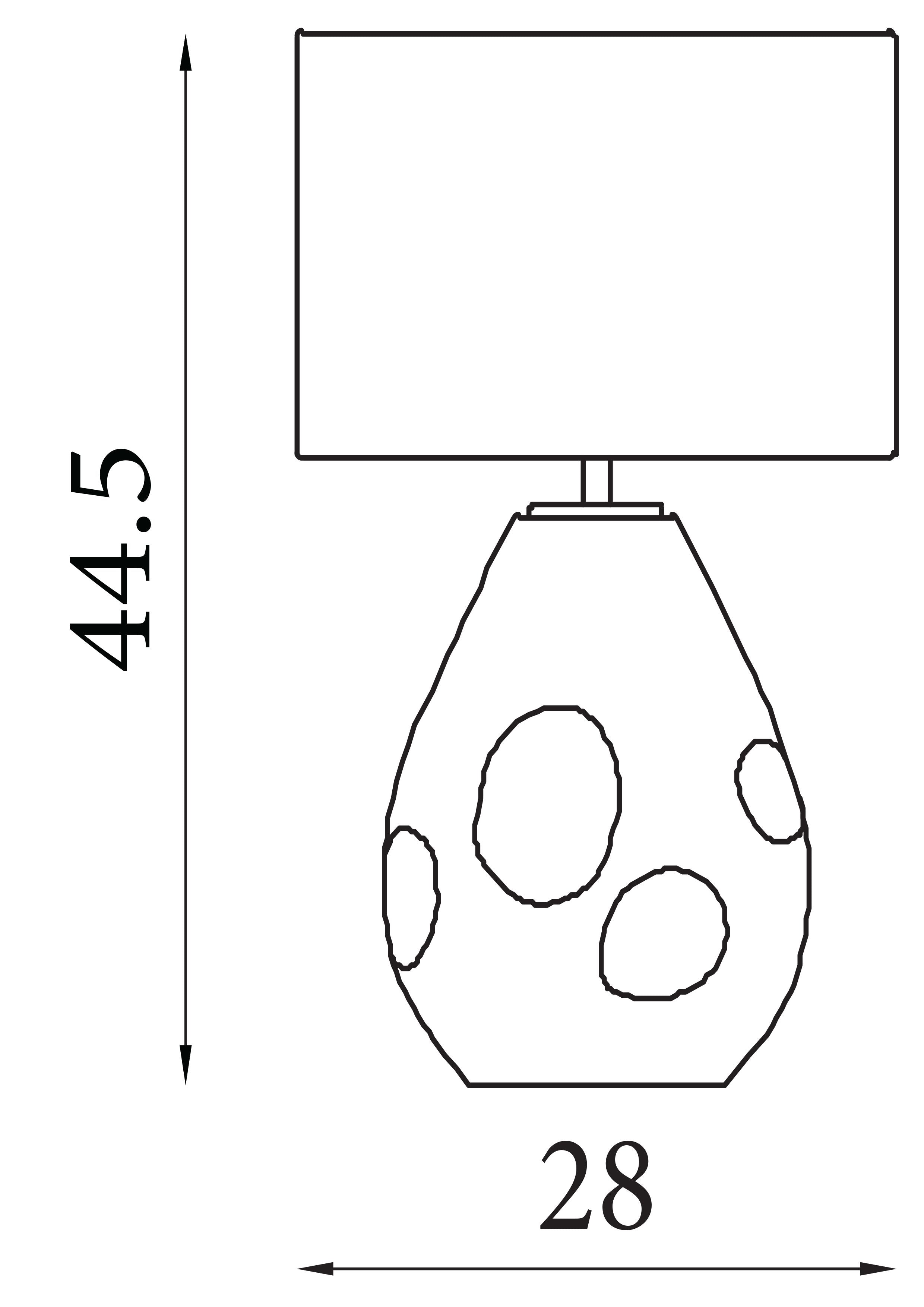 Technical line drawing of the Devon table lamp showing dimensions of 44.5cm height by 28cm width