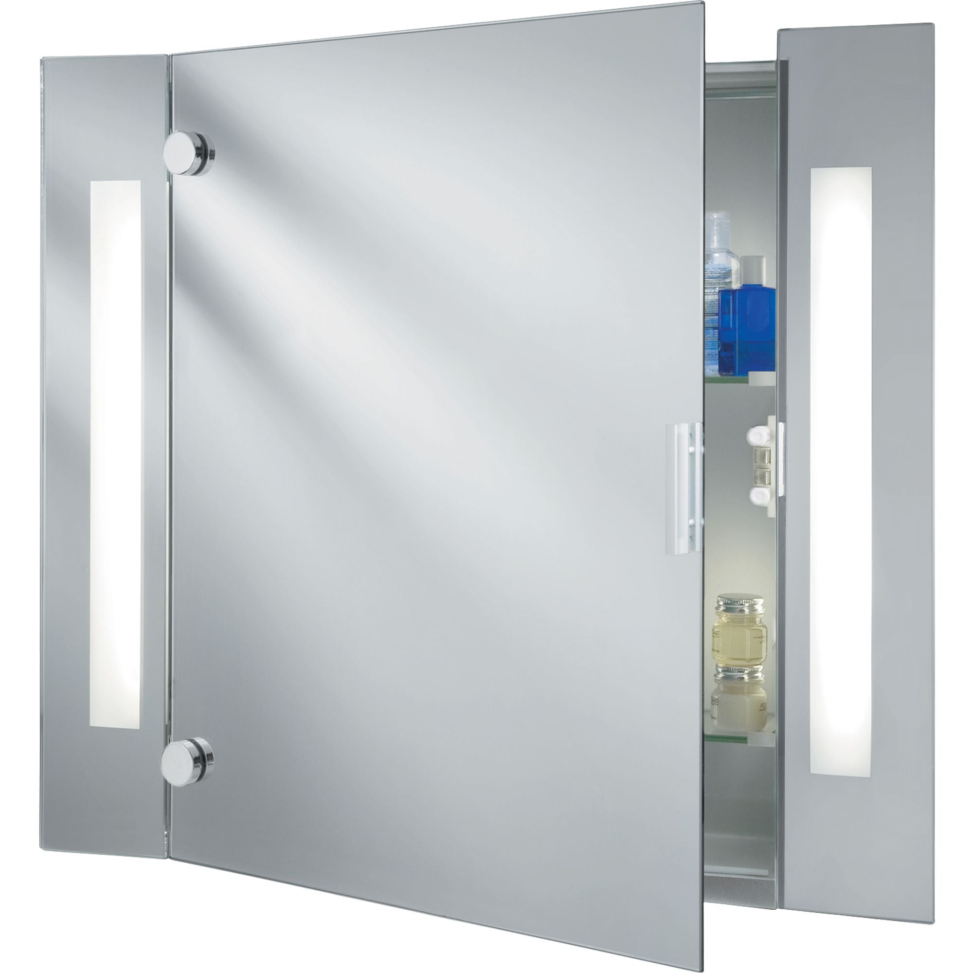 Searchlight mirror cabinet with the mirrored door open at an angle, showing chrome hinge pins and a shelved interior stocked with bathroom bottles