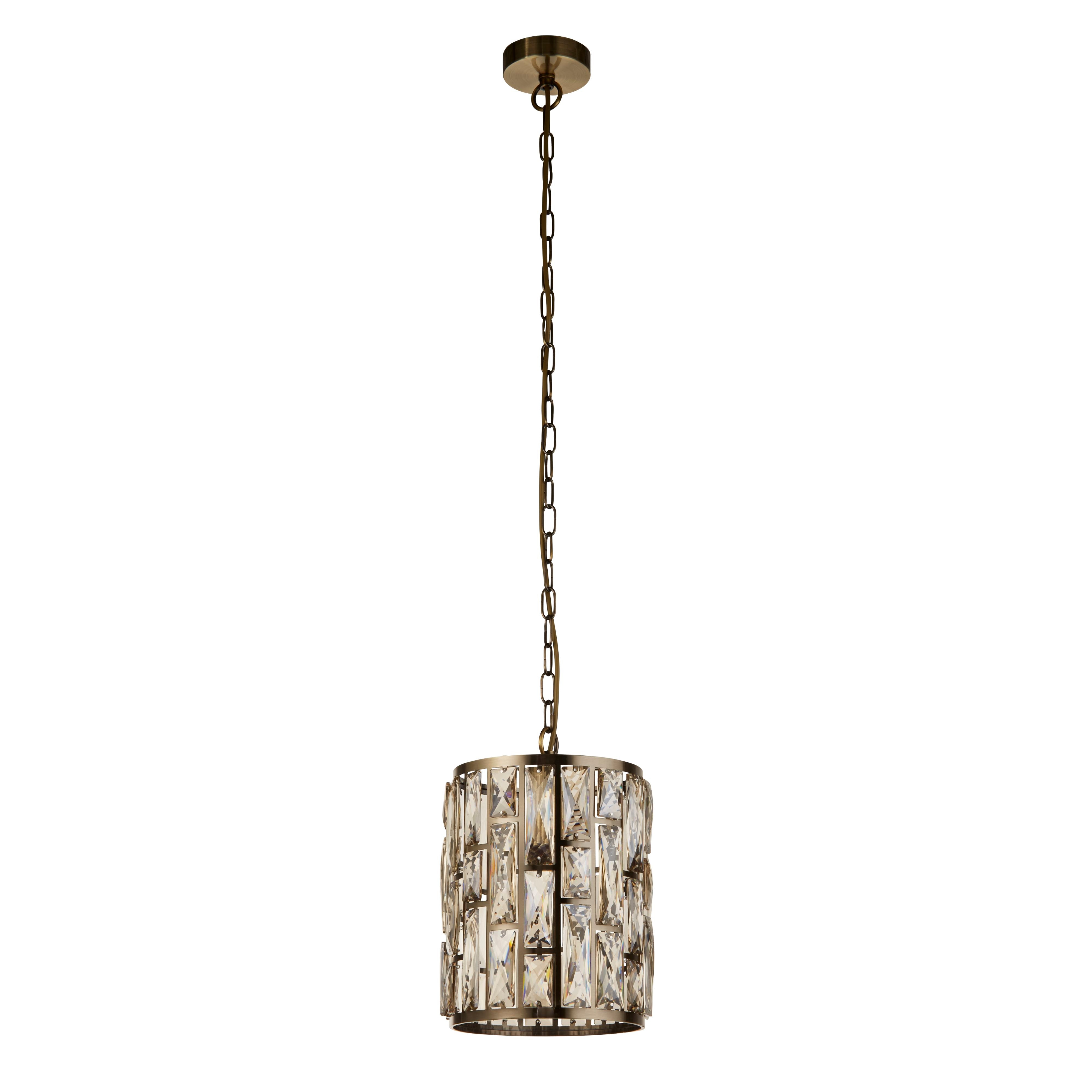 Searchlight Bijou pendant in antique brass and champagne glass, full length view showing the long adjustable chain from ceiling rose to shade