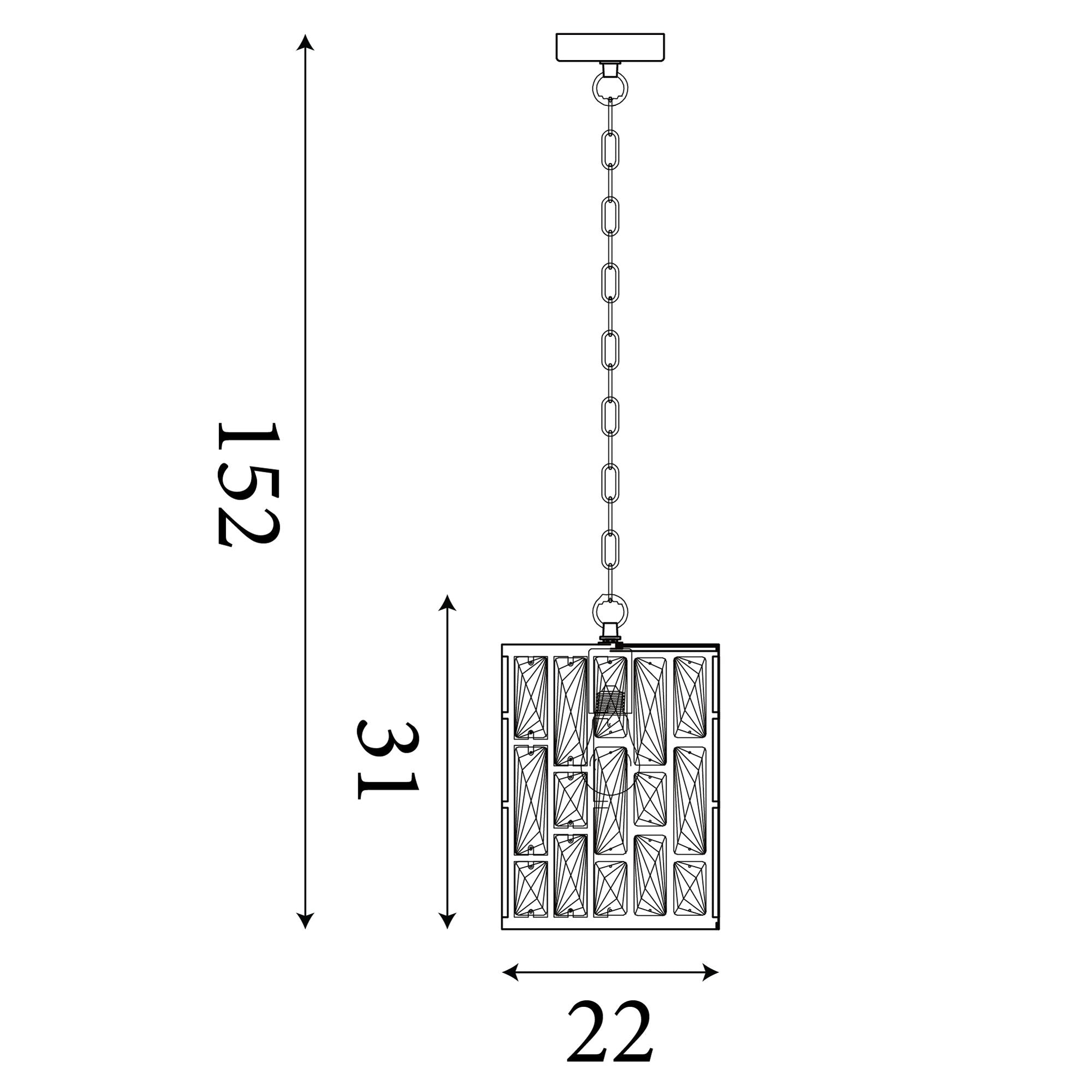Technical line drawing of the Searchlight Bijou pendant showing dimensions, 152cm total drop, 31cm shade height, 22cm shade diameter