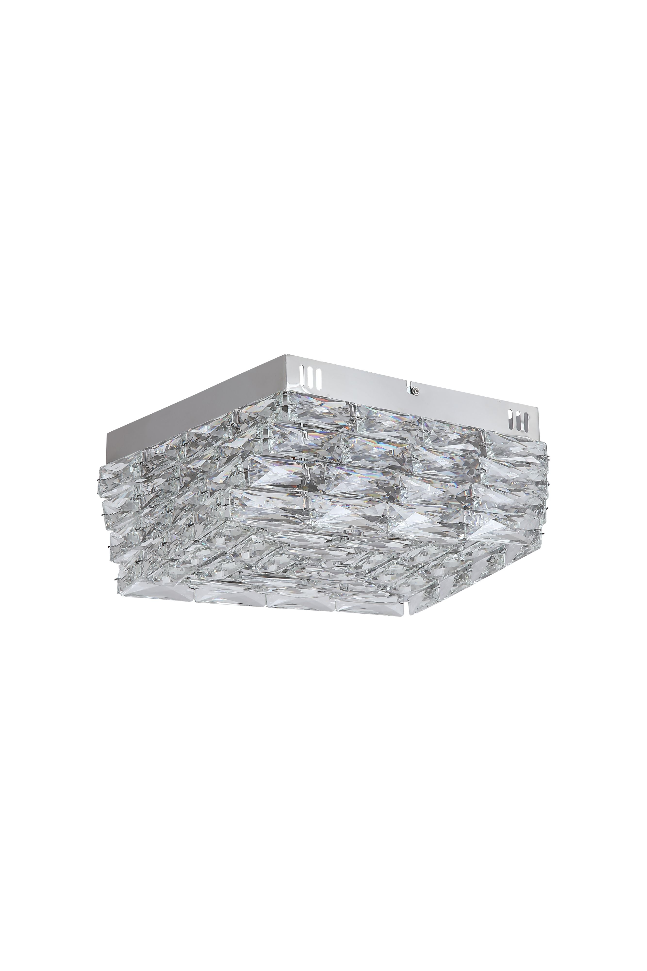 Searchlight Modena LED Flush ceiling light in chrome and clear crystal, side angle studio shot showing the chrome ceiling plate and crystal glass detail