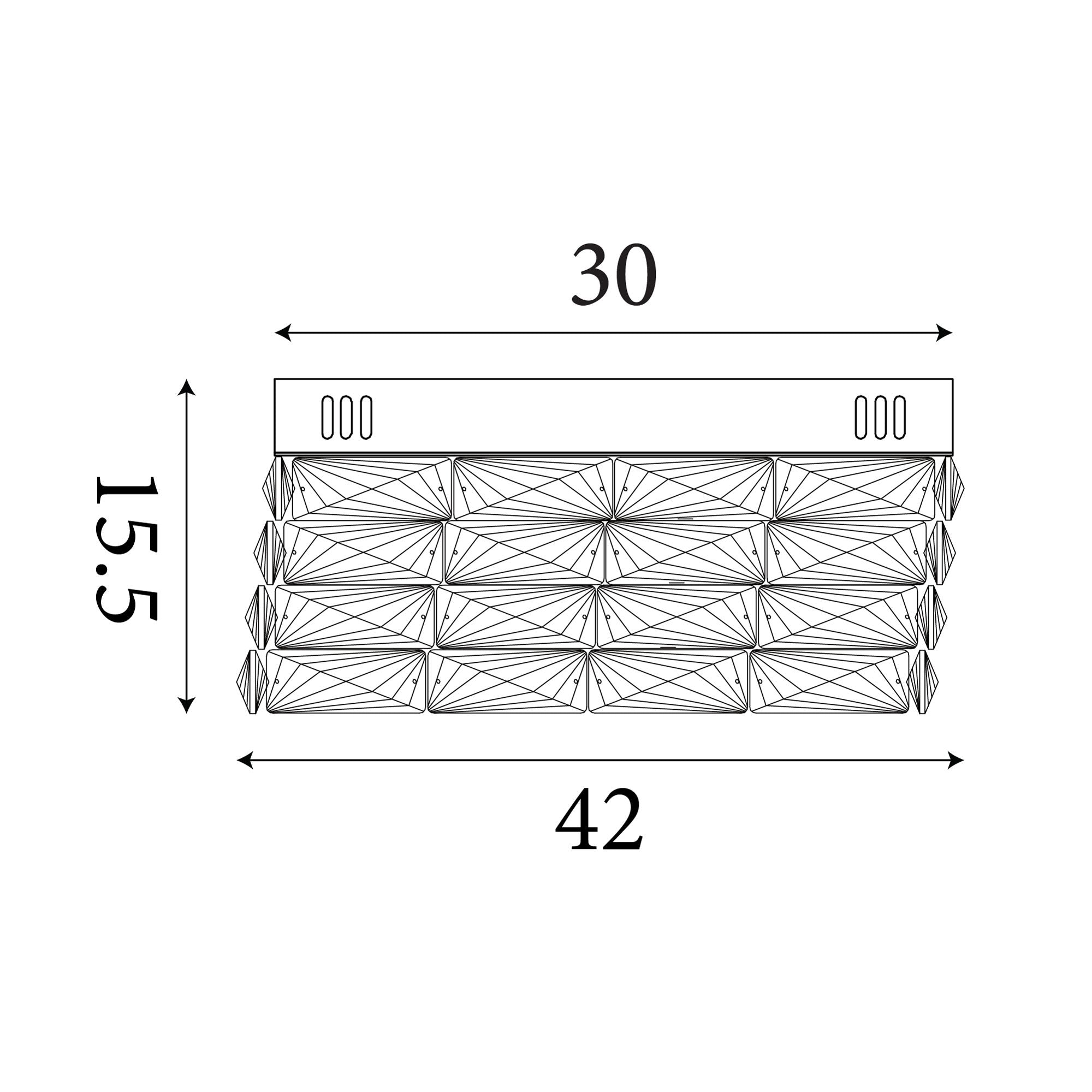 Searchlight Modena LED Flush ceiling light technical line drawing showing 42cm width and 15.5cm height