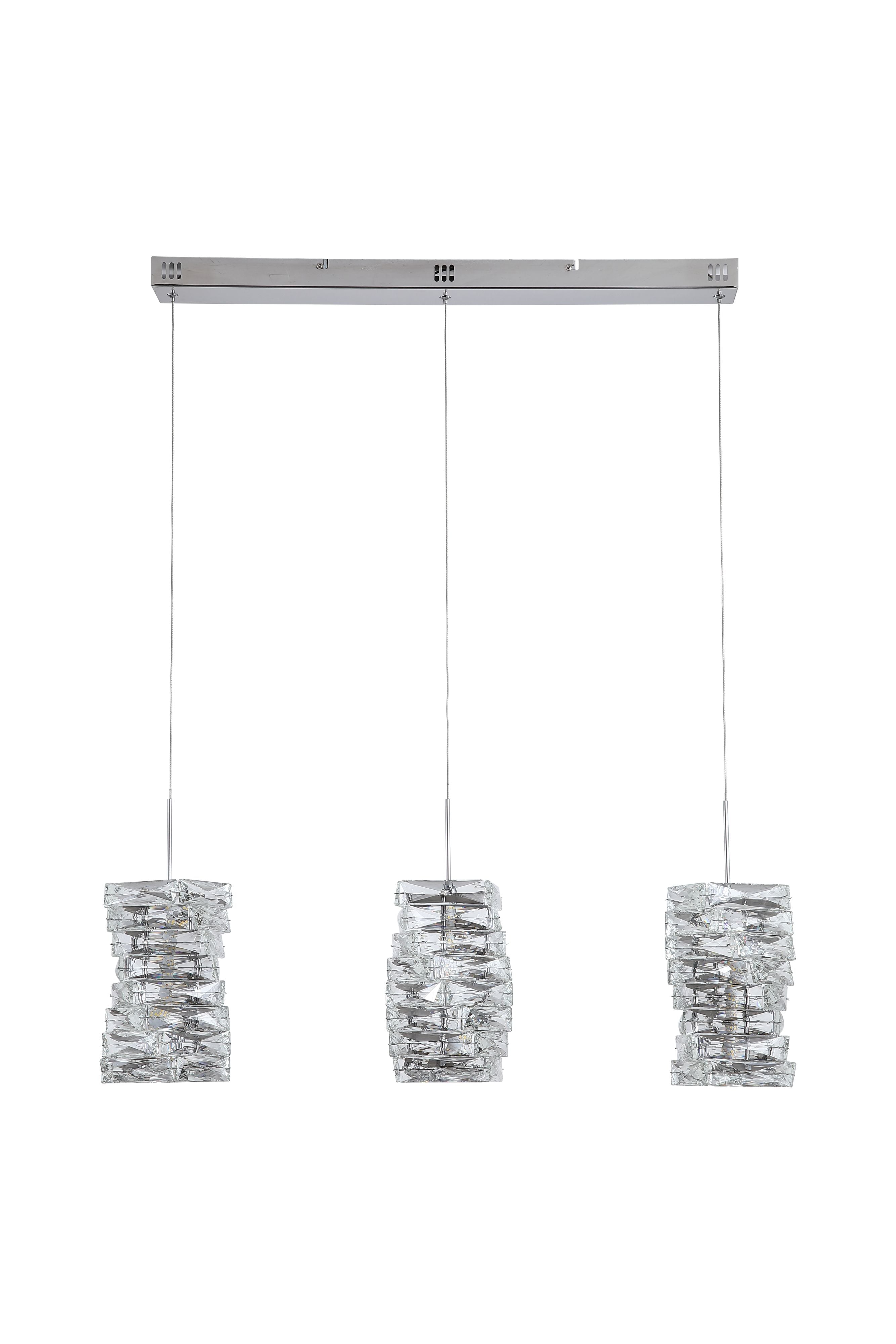 Searchlight Modena LED 3 Light Bar Pendant in chrome with clear crystal, square on view showing the chrome ceiling plate and suspension cables in detail