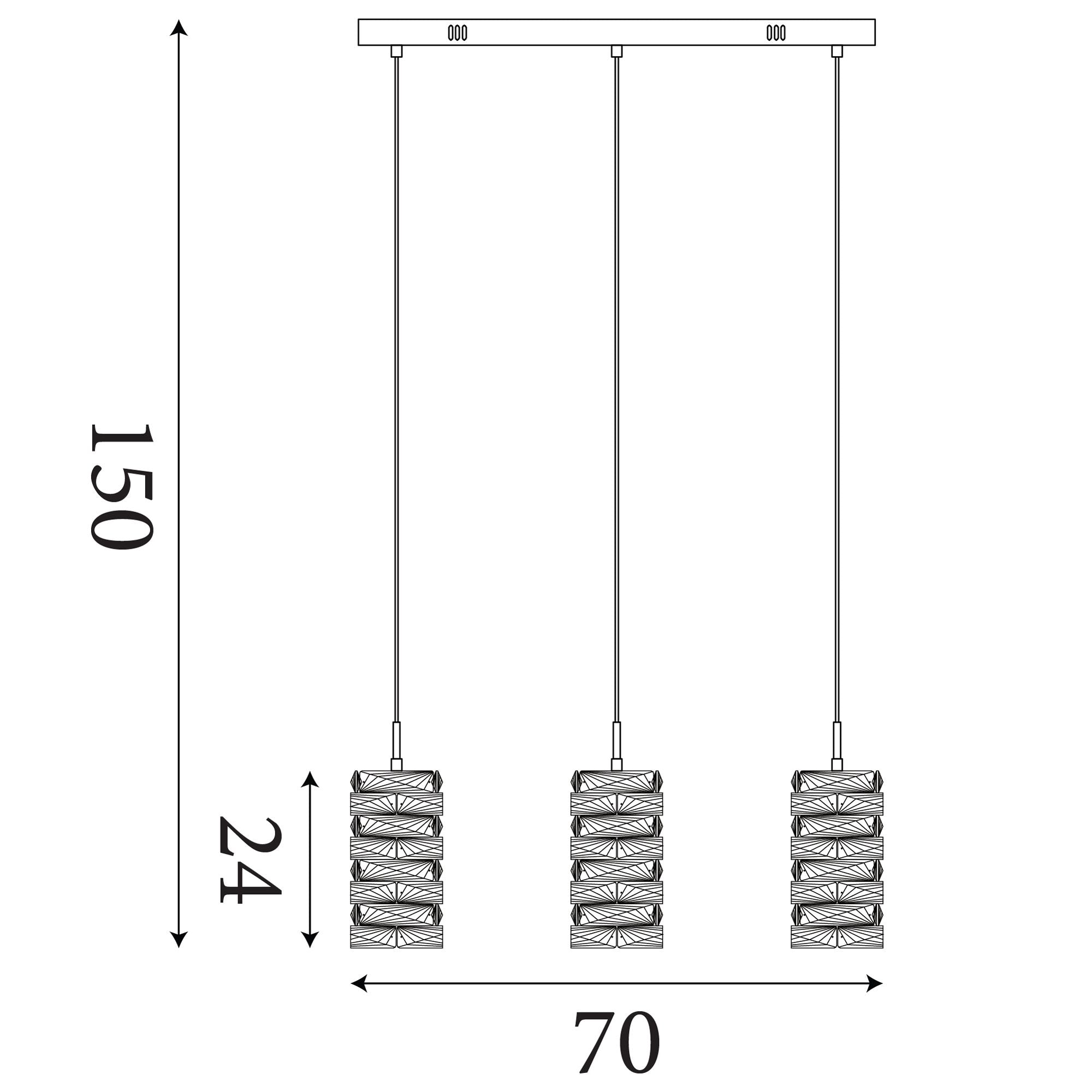 Technical line drawing of the Searchlight Modena LED 3 Light Bar Pendant showing an 80cm bar length, 24cm shade height and total drop up to 150cm