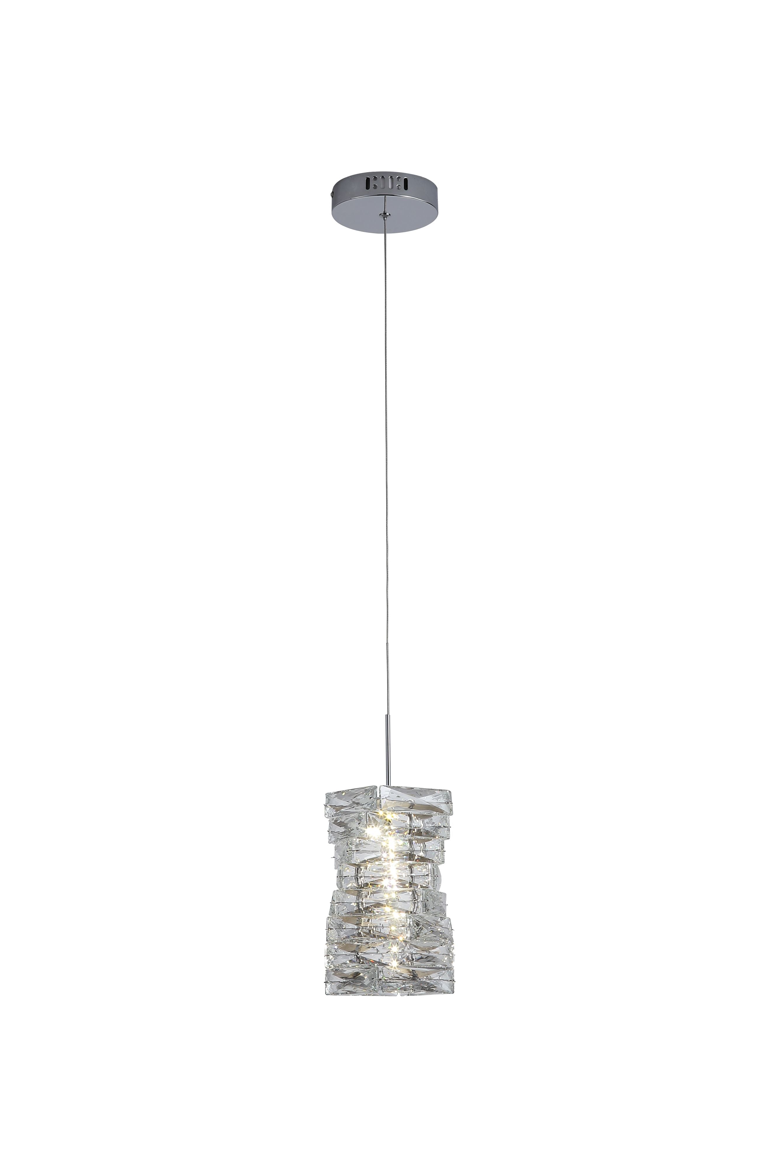 Searchlight Modena LED Pendant in chrome and clear crystal, full length studio shot showing the suspension cable and illuminated crystal shade