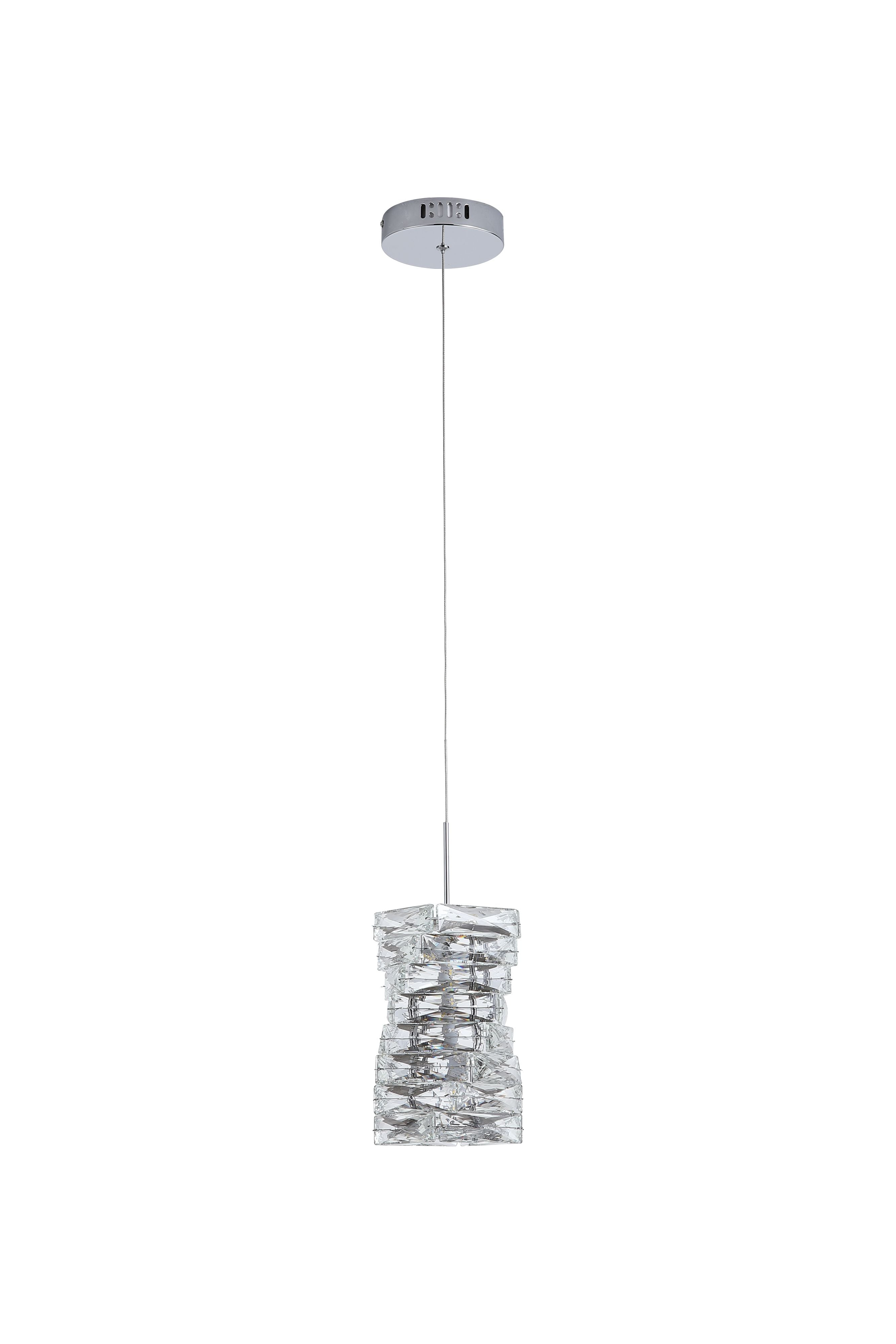 Searchlight Modena LED Pendant in chrome and clear crystal, full length studio shot from a slightly different angle showing the ceiling rose and shade