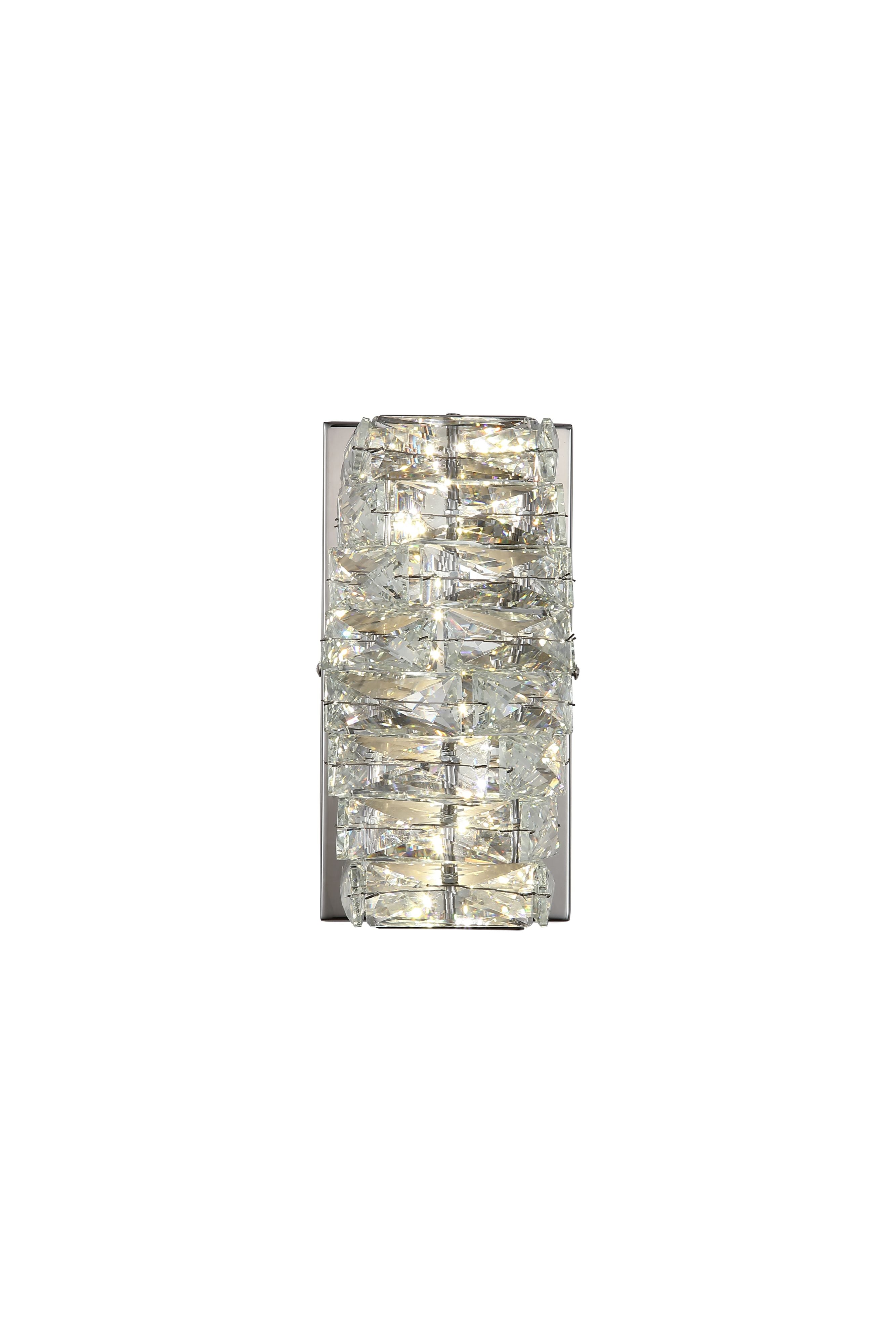 Searchlight Modena LED Wall Light in chrome and clear crystal, front on studio shot showing the illuminated faceted glass