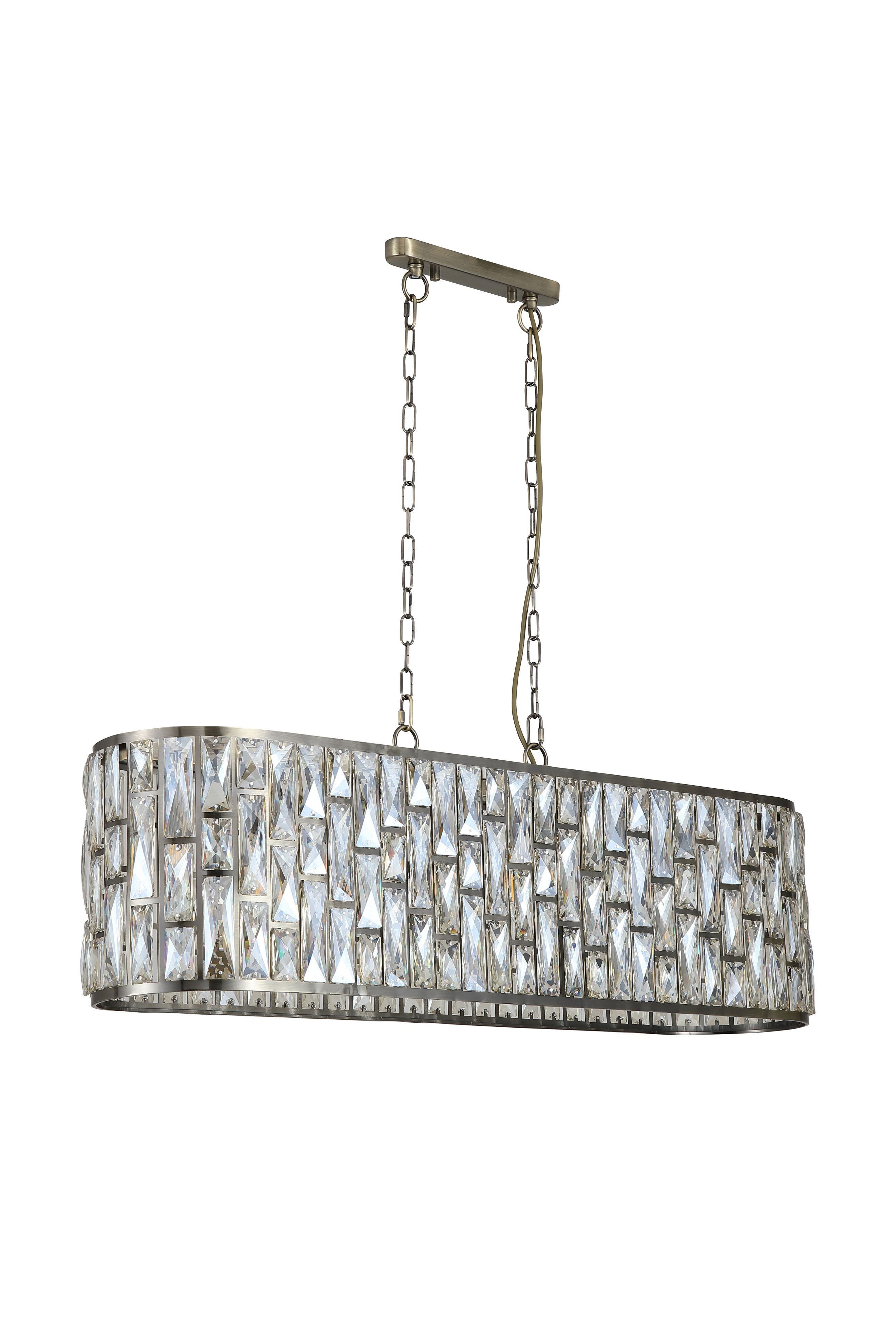 Searchlight Bijou 8 Light Oval Diner Pendant in antique brass and champagne glass, studio shot from a three quarter angle