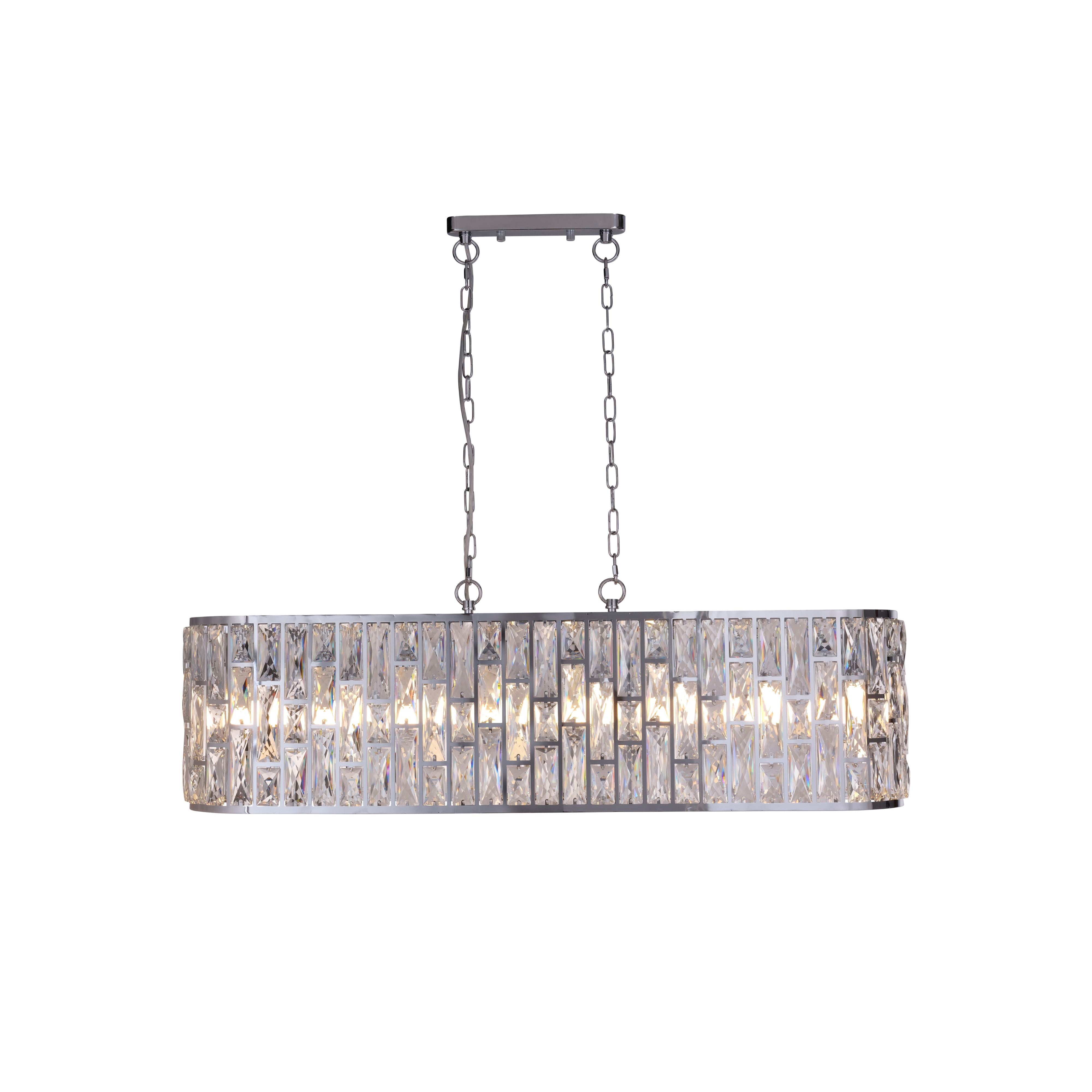 Searchlight Bijou 8 Light Oval Diner Pendant in chrome and clear crystal, full studio shot showing the chain suspension and illuminated glass tiles