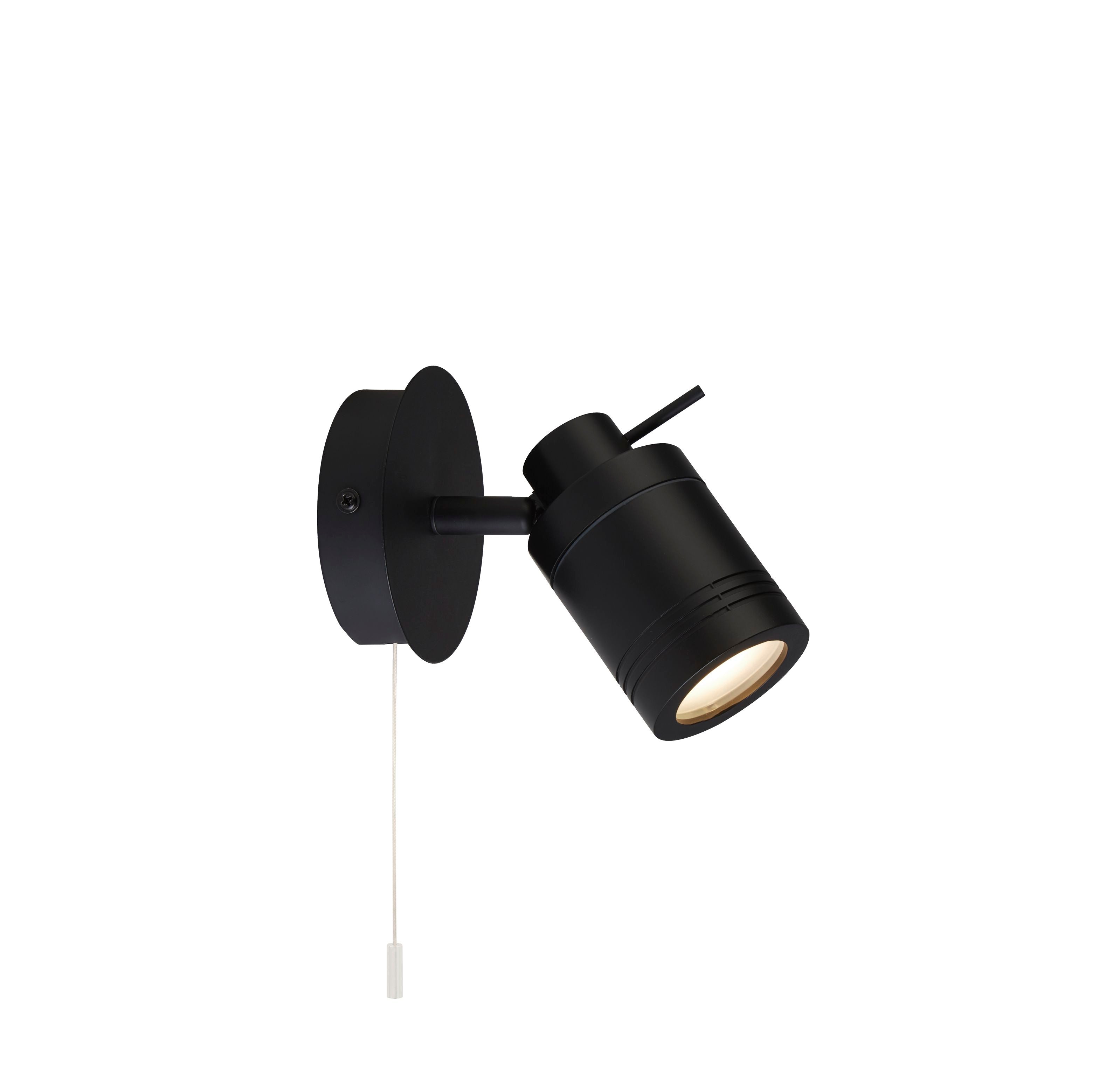 Searchlight Samson spotlight in black, round wall plate with adjustable head and pull cord switch, studio shot
