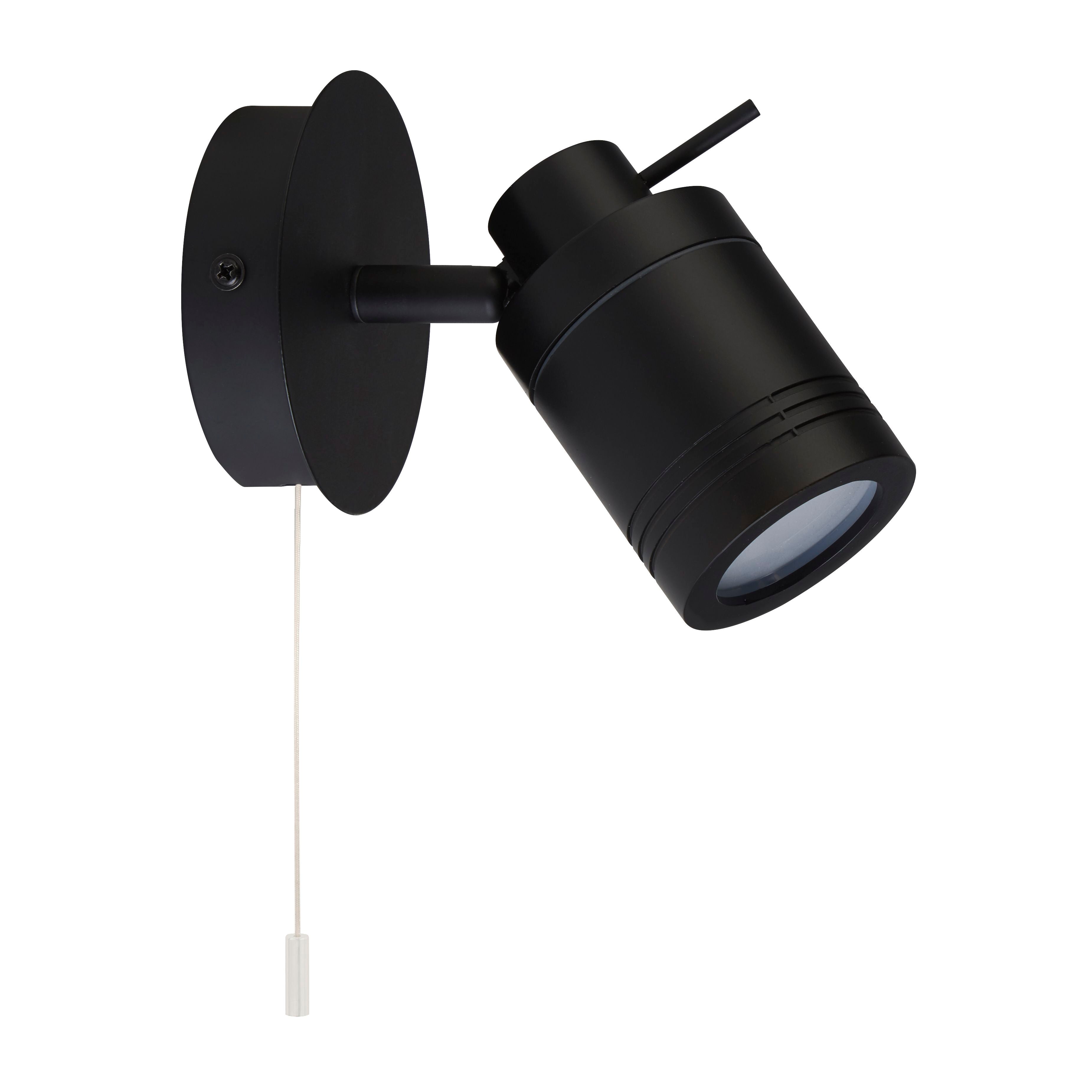 Searchlight Samson spotlight in black, side angle showing the pull cord switch, studio shot