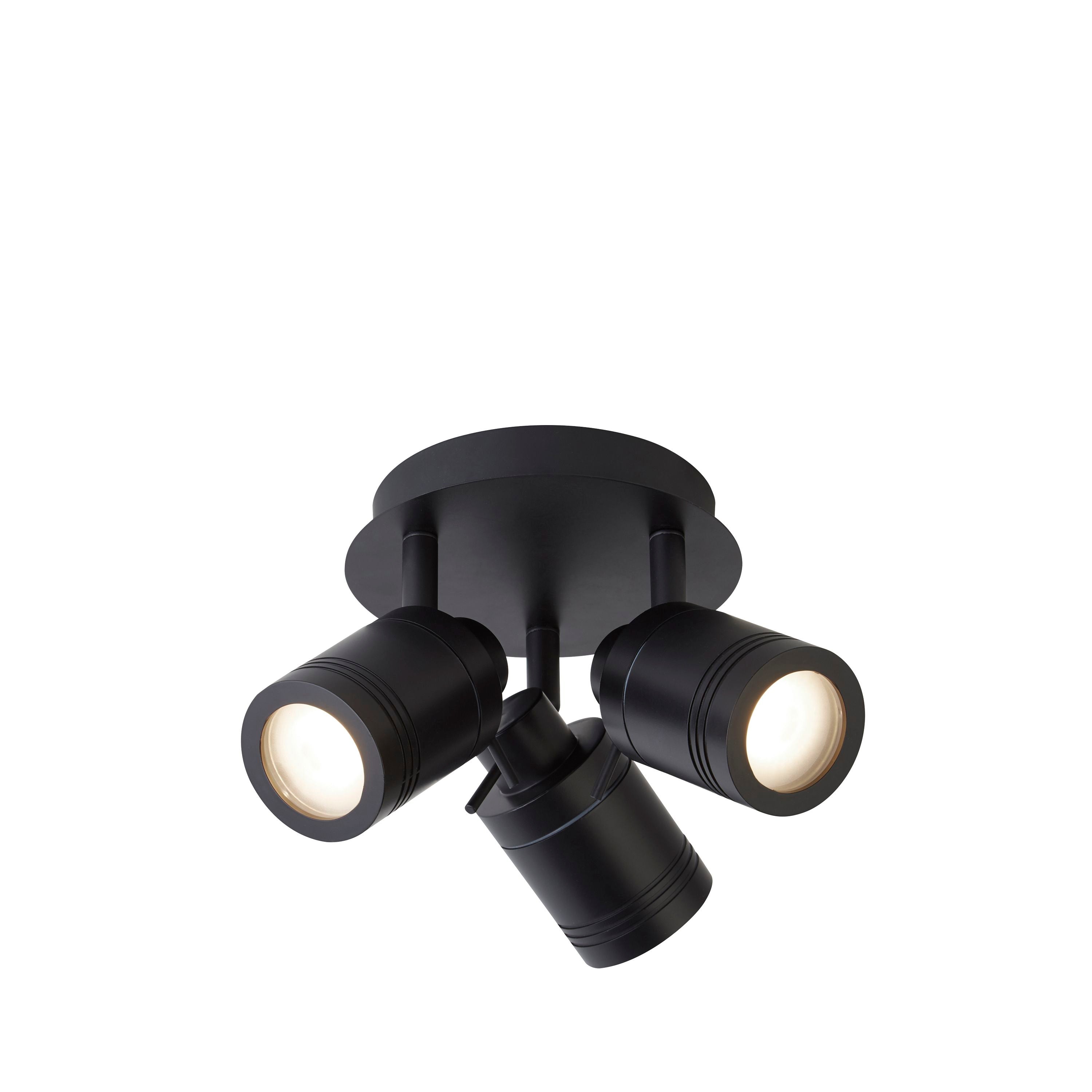 Searchlight Samson 3 light round spotlight in black, three adjustable heads on a round ceiling plate, studio shot