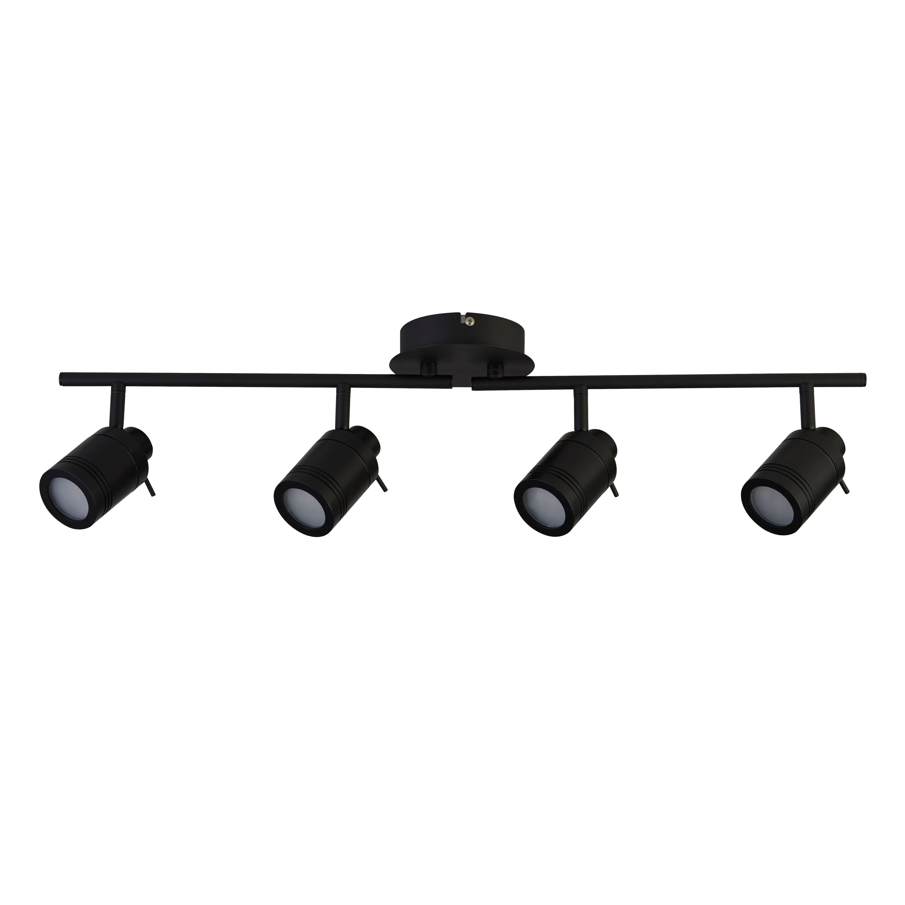 Searchlight Samson 4 light split bar spotlight in black, front angled view with all four heads lit, studio shot