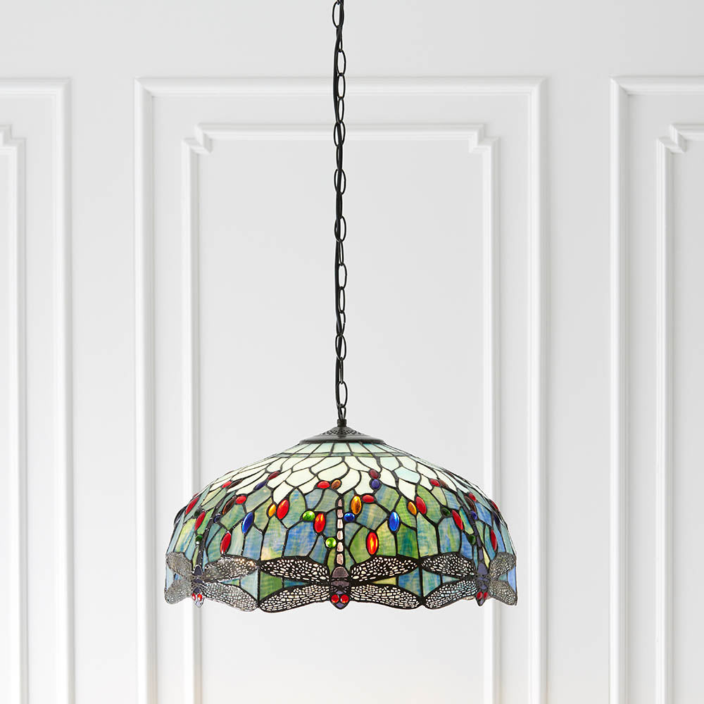 Interiors 1900 Dragonfly Blue Large 3 Light Pendant - Handcrafted Tiffany Style Glass