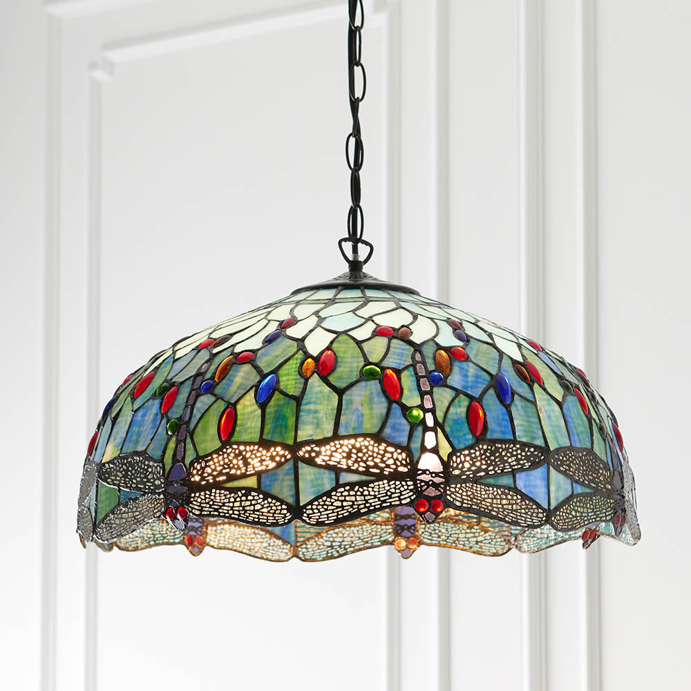 Interiors 1900 Dragonfly Blue Large 3 Light Pendant - Handcrafted Tiffany Style Glass