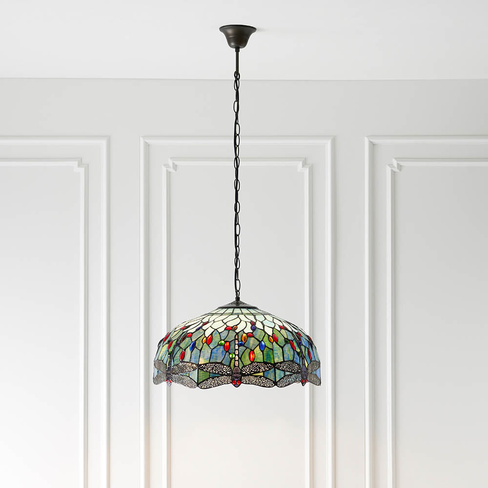 Interiors 1900 Dragonfly Blue Large 3 Light Pendant - Handcrafted Tiffany Style Glass