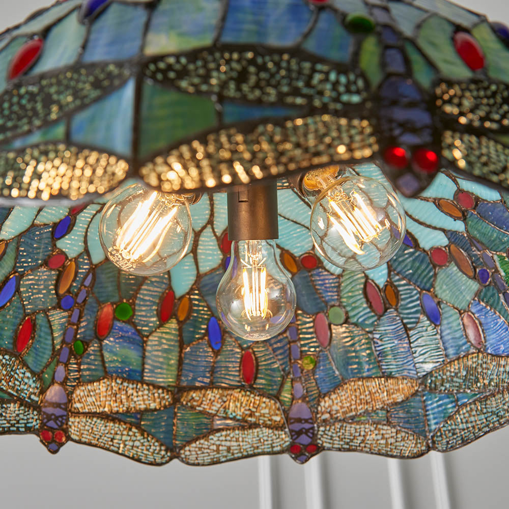 Interiors 1900 Dragonfly Blue Large 3 Light Pendant - Handcrafted Tiffany Style Glass