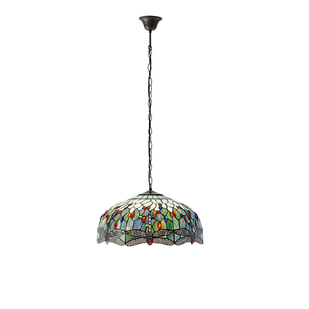Interiors 1900 Dragonfly Blue Large 3 Light Pendant - Handcrafted Tiffany Style Glass