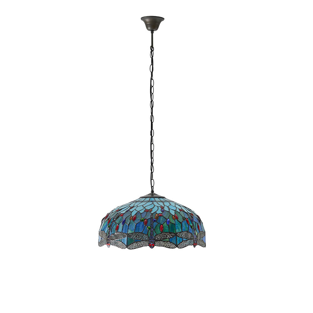 Interiors 1900 Dragonfly Blue Large 3 Light Pendant - Handcrafted Tiffany Style Glass