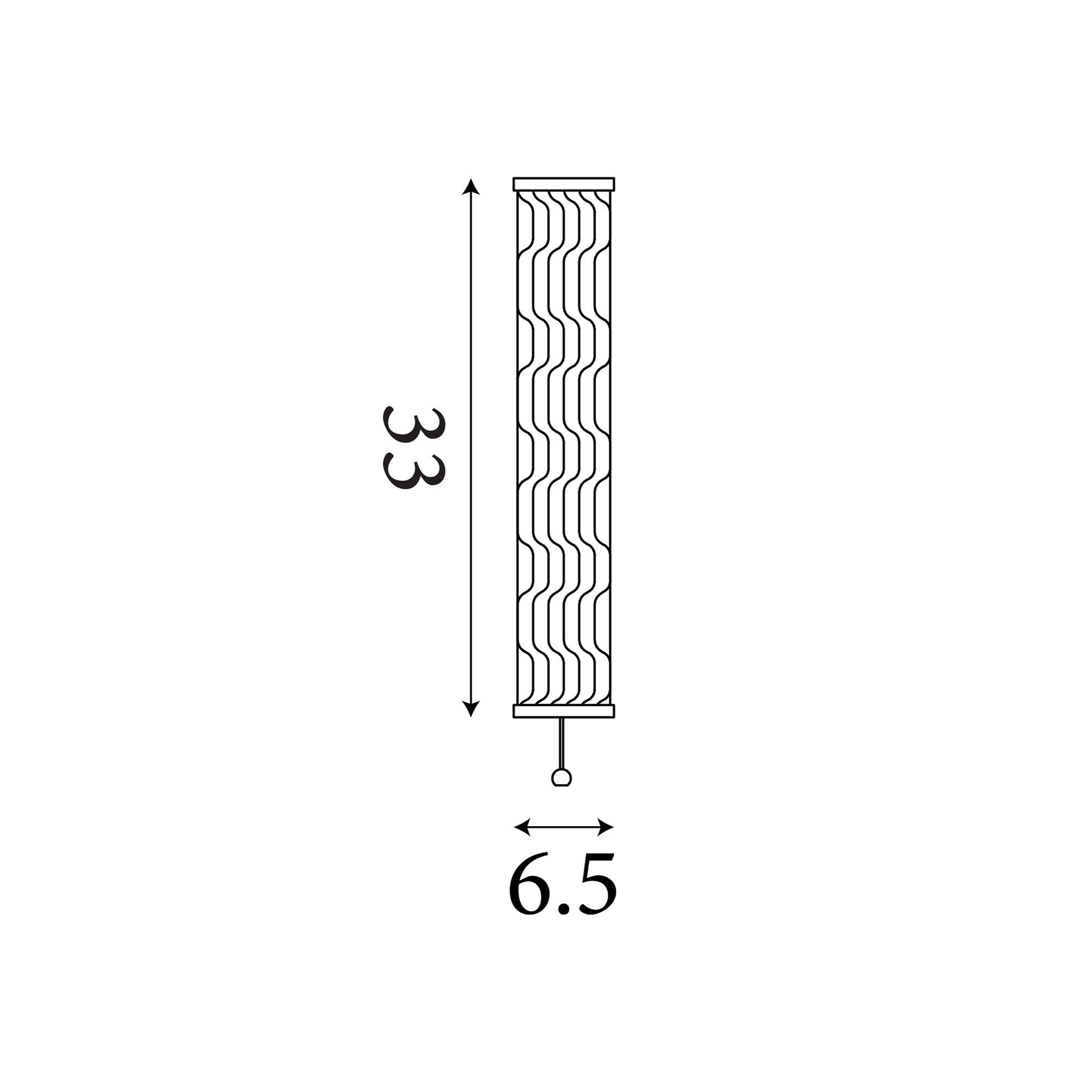 Technical line drawing of the Vibrate LED wall light showing 33cm height and 6.5cm width