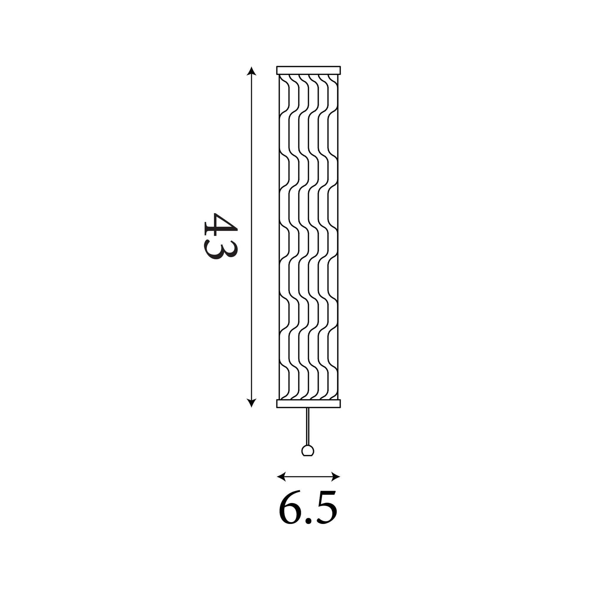 Technical line drawing of the Vibrate LED wall light showing 43cm height and 6.5cm width