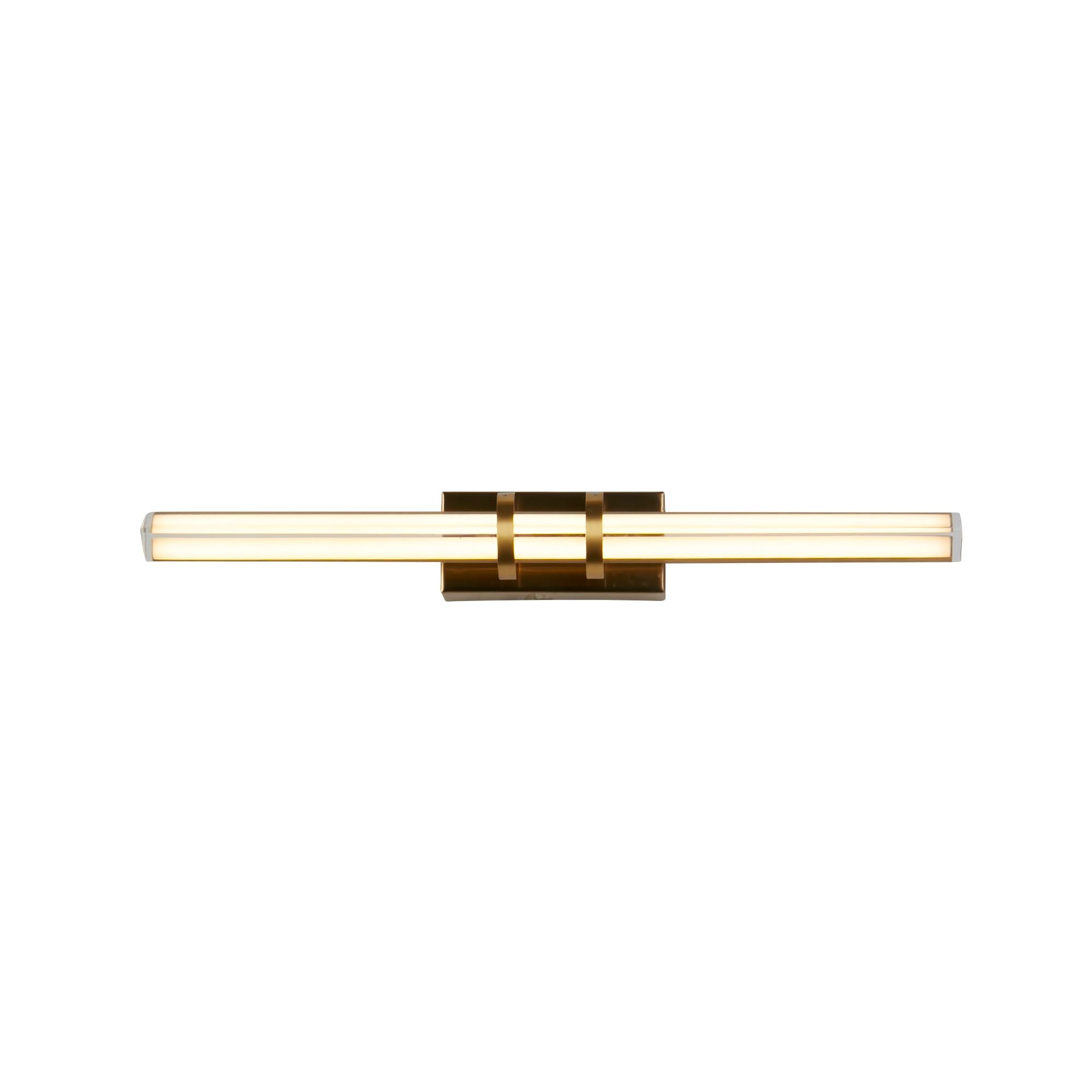 Searchlight Parma LED wall light in satin brass with clear ribbed glass tubes, straight on studio shot, illuminated