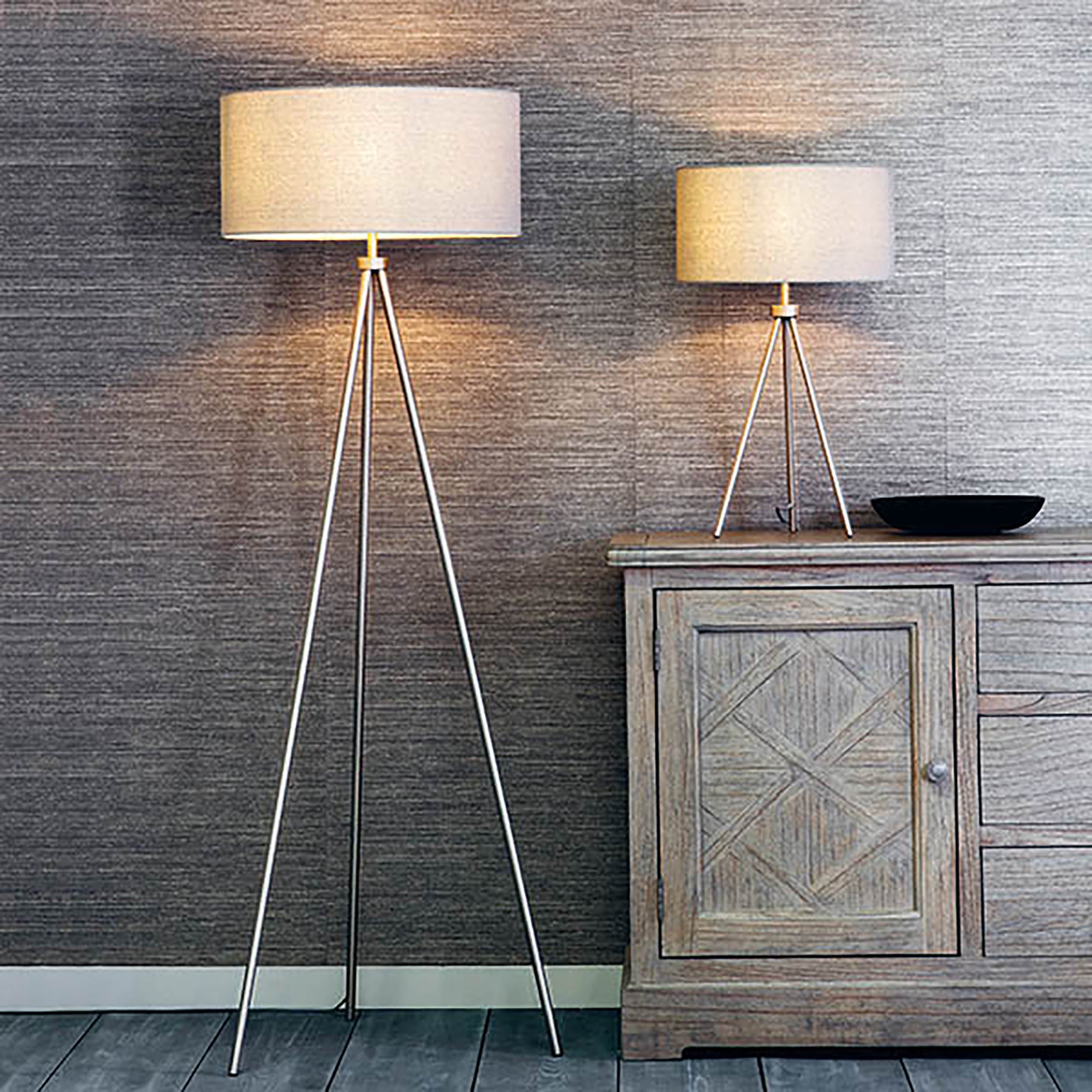 Endon Tri Single Light Table Lamp - Matt Nickel Plate & Grey & Silver Linen Mix Fabric