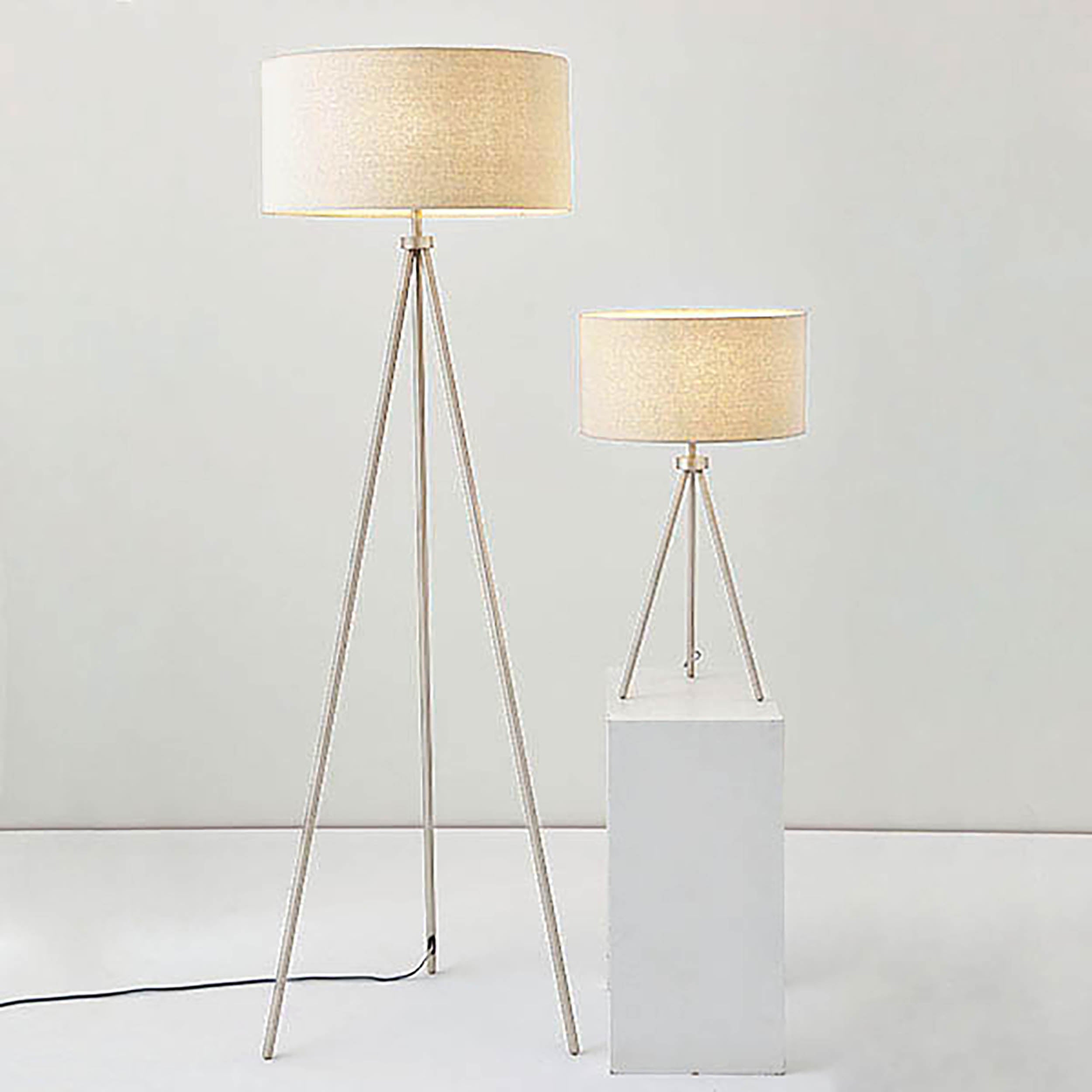 Endon Tri Single Light Table Lamp - Matt Nickel Plate & Grey & Silver Linen Mix Fabric