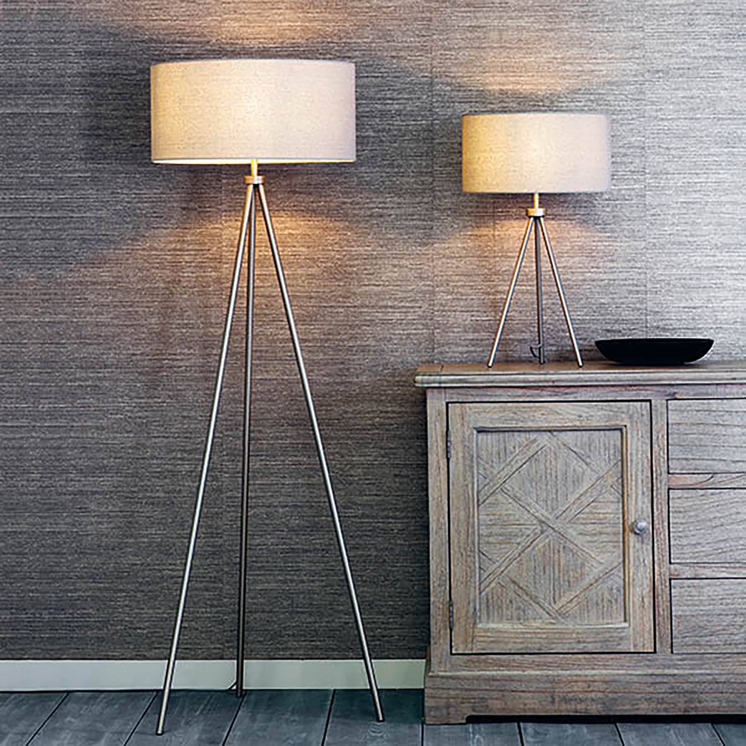 Endon Tri Single Light Floor Lamp - Matt Nickel Plate & Grey & Silver Linen Mix Fabric
