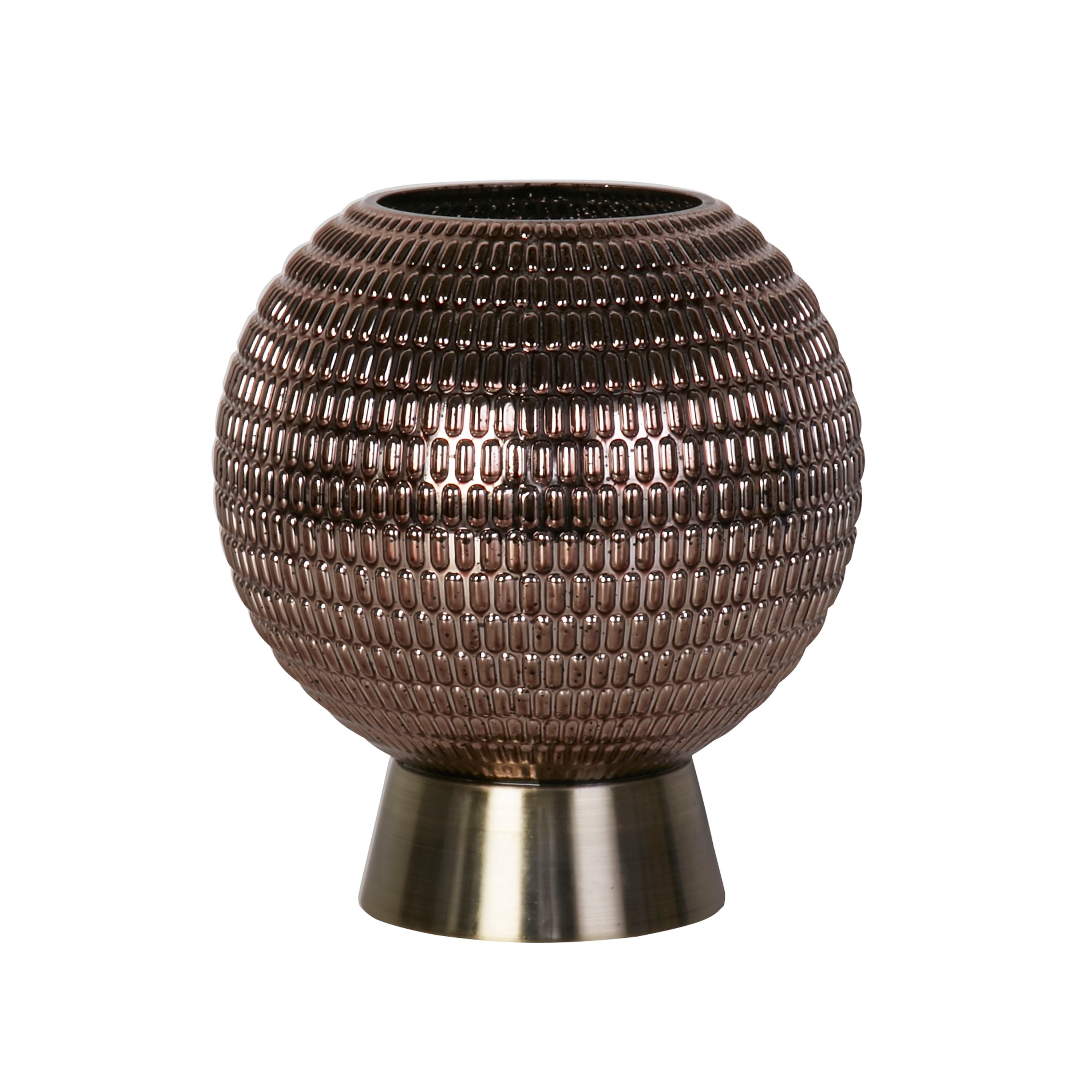 Searchlight Mila table lamp in textured brown glass on an antique brass foot, angled studio shot on a white background