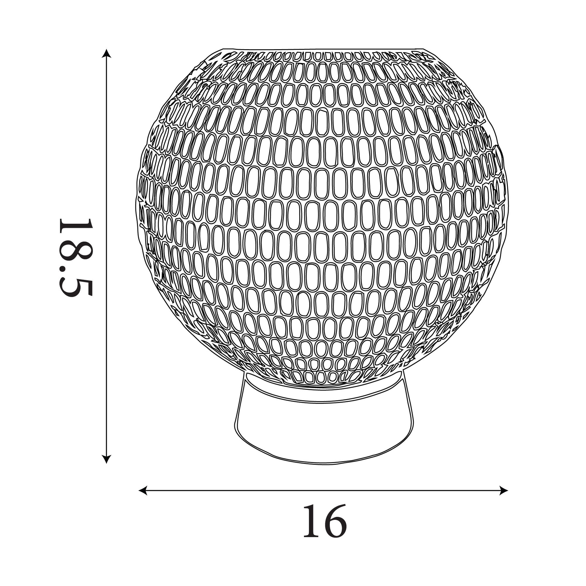 Technical dimension drawing of the Searchlight Mila table lamp showing a height of 18.5cm and a 16cm diameter