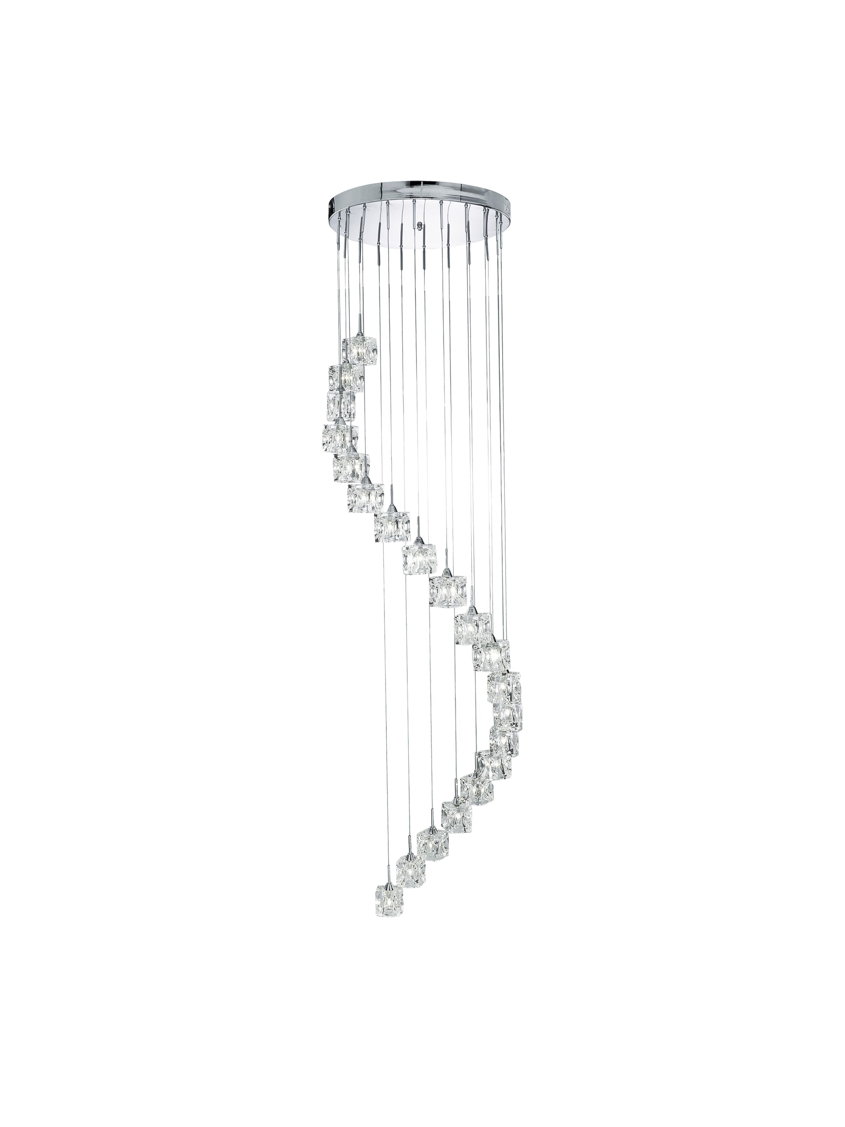 Searchlight Ice Cube 20 Light Multi-Drop Pendant in chrome, full studio shot of the cascading spiral of ice textured glass cubes