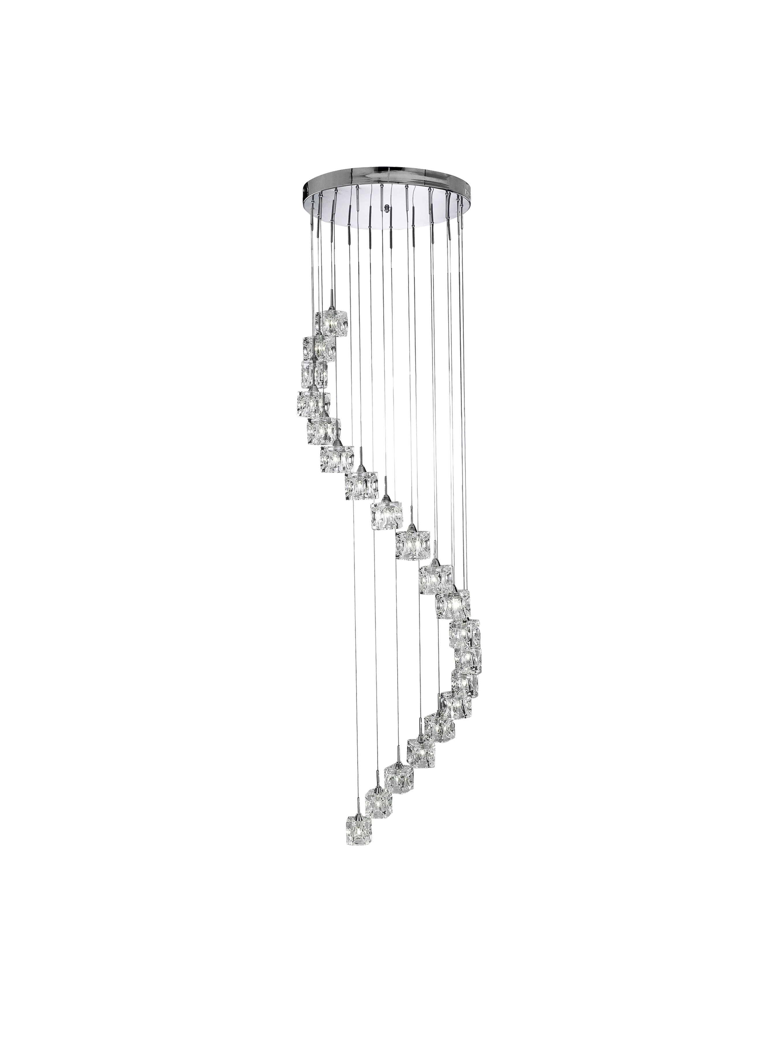 Searchlight Ice Cube 20 Light Multi-Drop Pendant in chrome, alternate angle studio shot of the cascading spiral of glass cubes