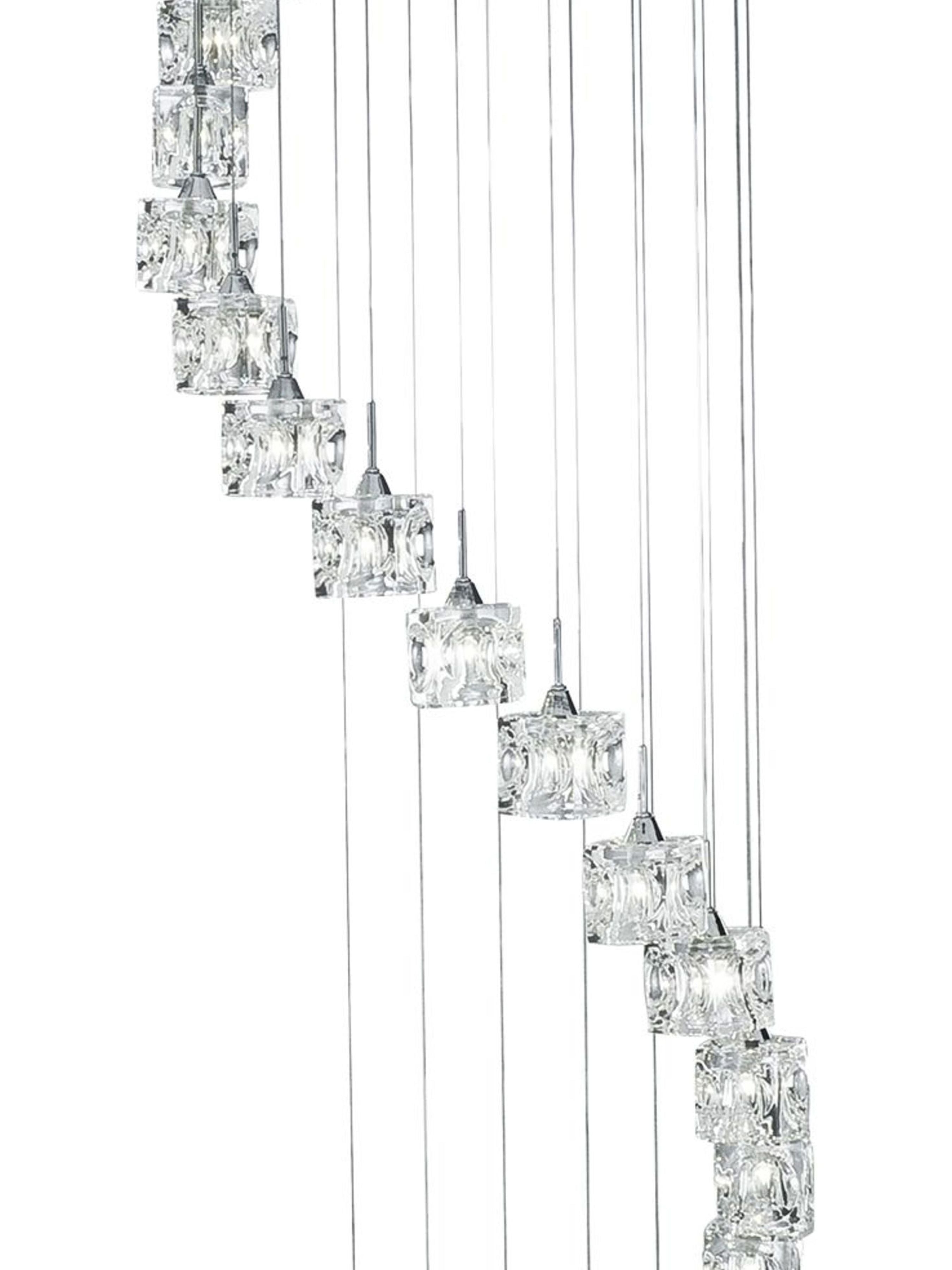 Close up of the ice textured glass cubes on the Ice Cube 20 Light Multi-Drop Pendant, showing the cracked ice detail and chrome caps