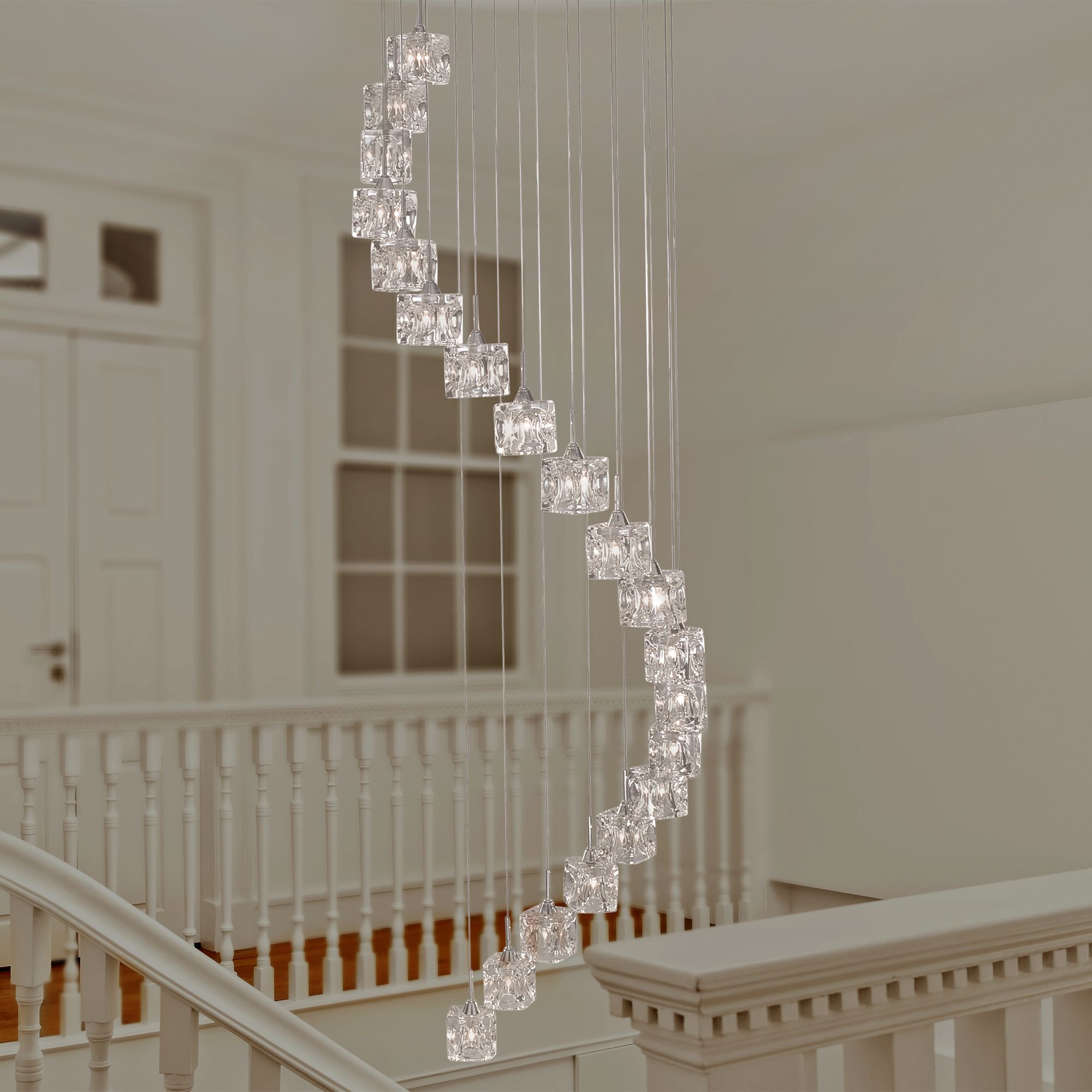Ice Cube 20 Light Multi-Drop Pendant hanging above a staircase landing in a white period style hallway