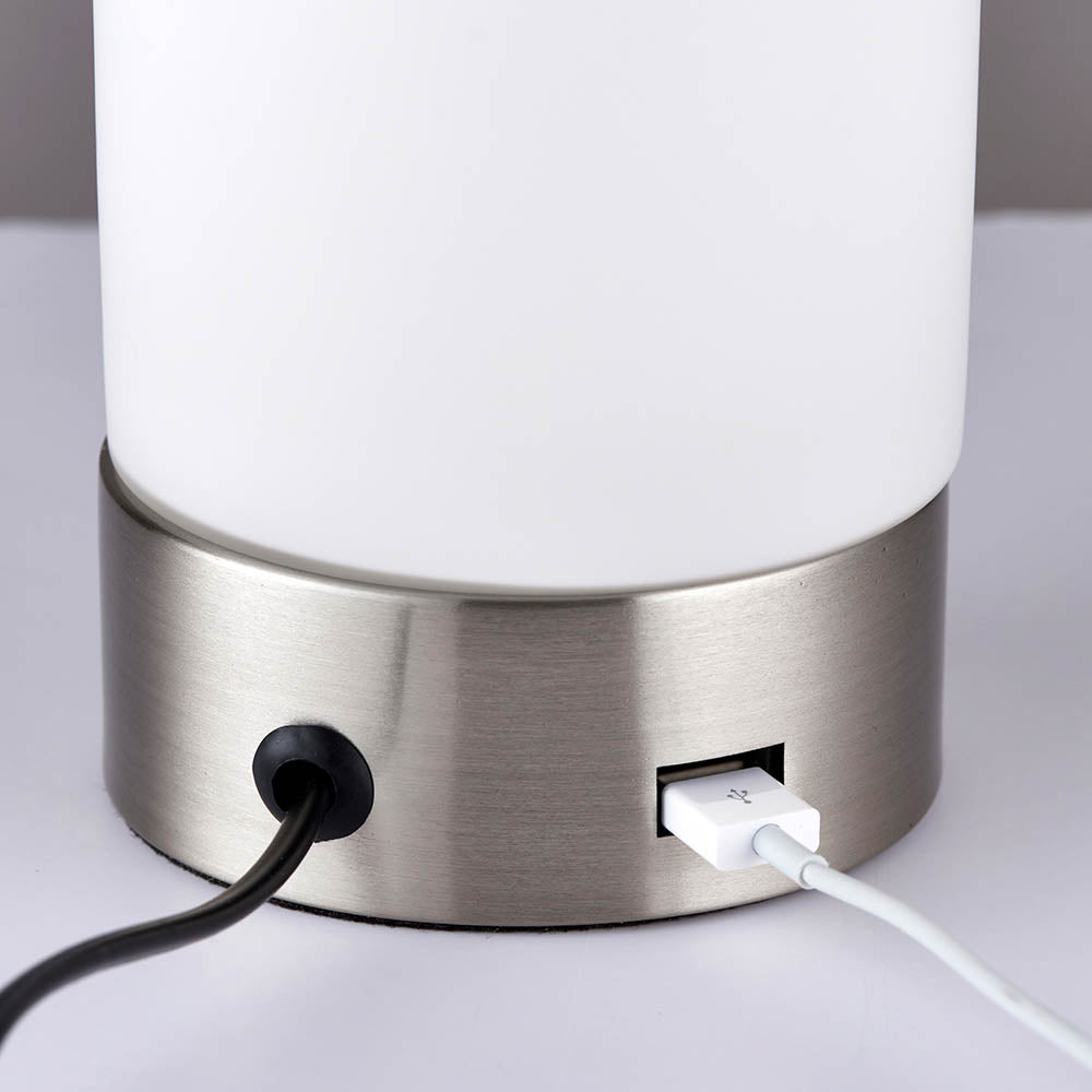 Endon Dara Single Light USB Table Lamp - Brushed Nickel Plate & Opal Glass