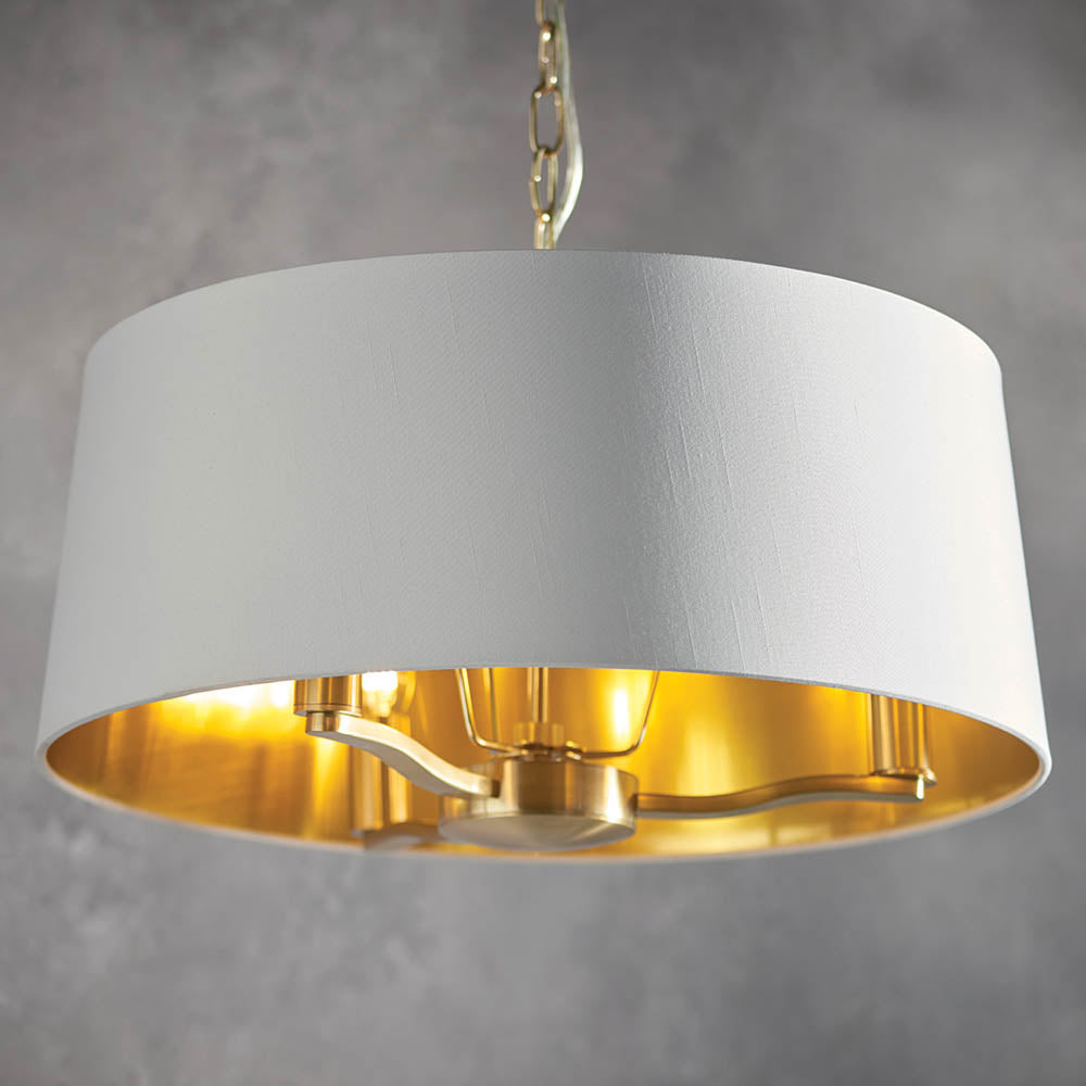 Endon Harvey 3 Light Pendant - Brushed Gold & Vintage White Faux Silk