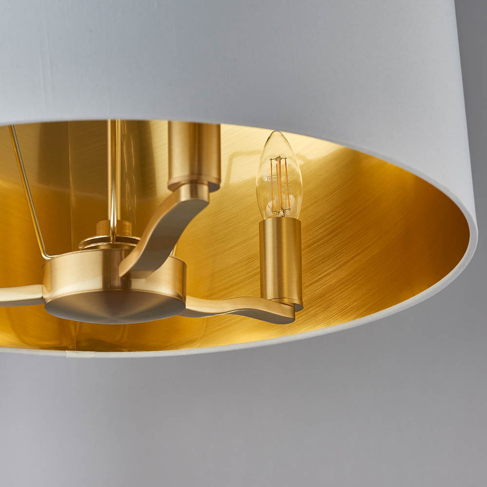 Endon Harvey 3 Light Pendant - Brushed Gold & Vintage White Faux Silk