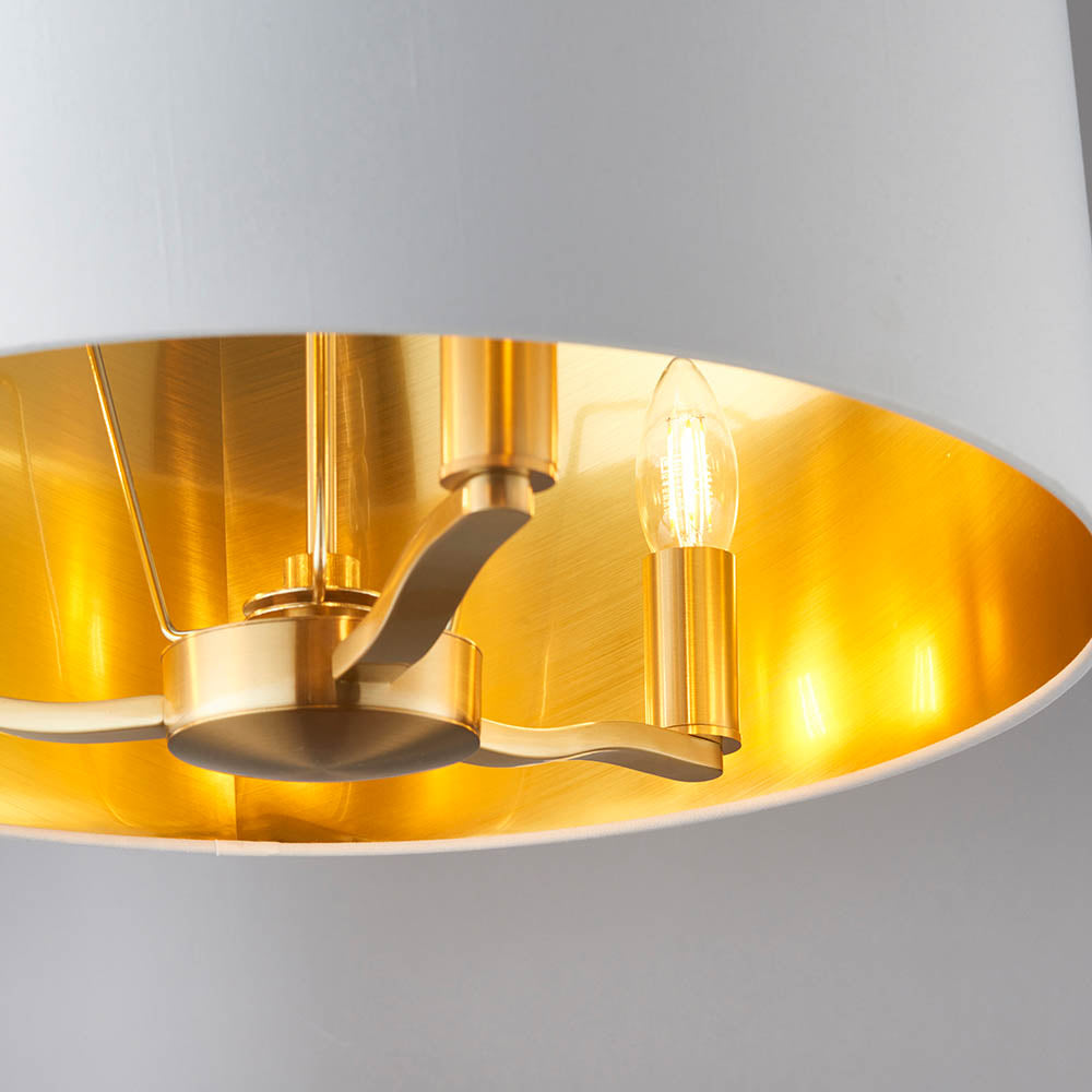 Endon Harvey 3 Light Pendant - Brushed Gold & Vintage White Faux Silk
