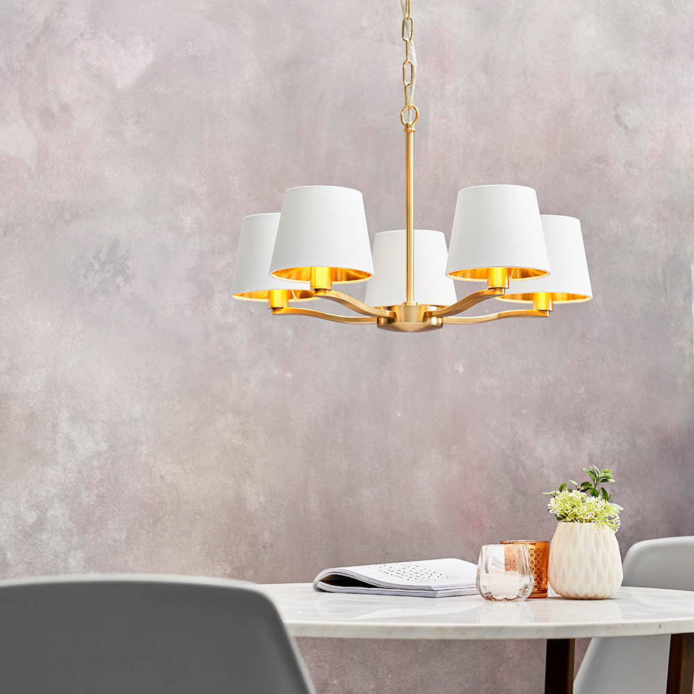 Endon Harvey 5 Light Pendant - Brushed Gold & Vintage White Faux Silk