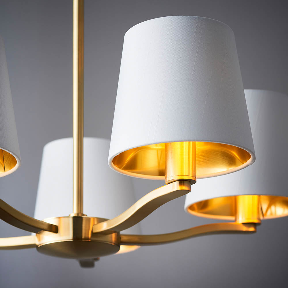 Endon Harvey 5 Light Pendant - Brushed Gold & Vintage White Faux Silk