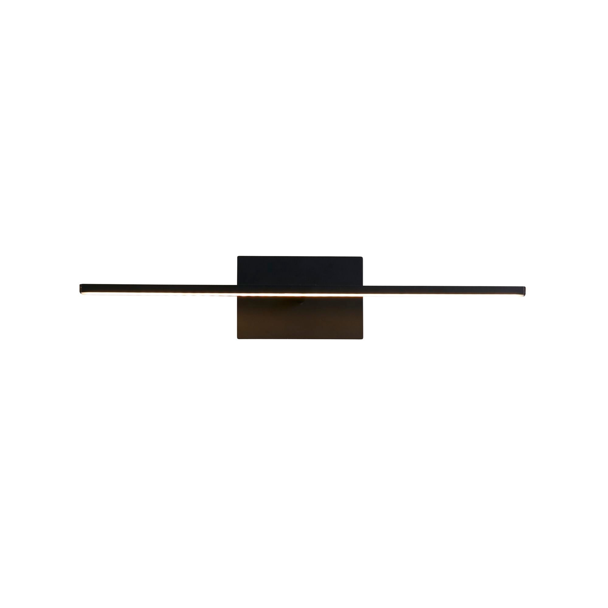 Front view of the Amalfi 41cm LED wall light in matt black, showing the illuminated LED strip and the square backplate with the spotlight tucked beneath