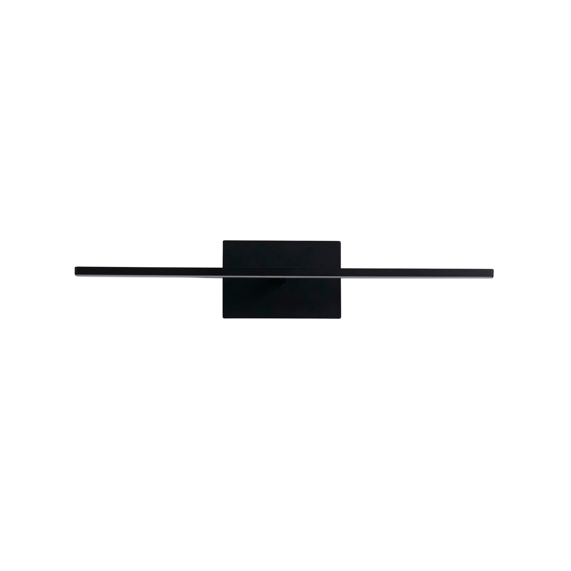 Straight on view of the matt black Amalfi wall light with the LED bar lit and the small adjustable spotlight visible under the backplate