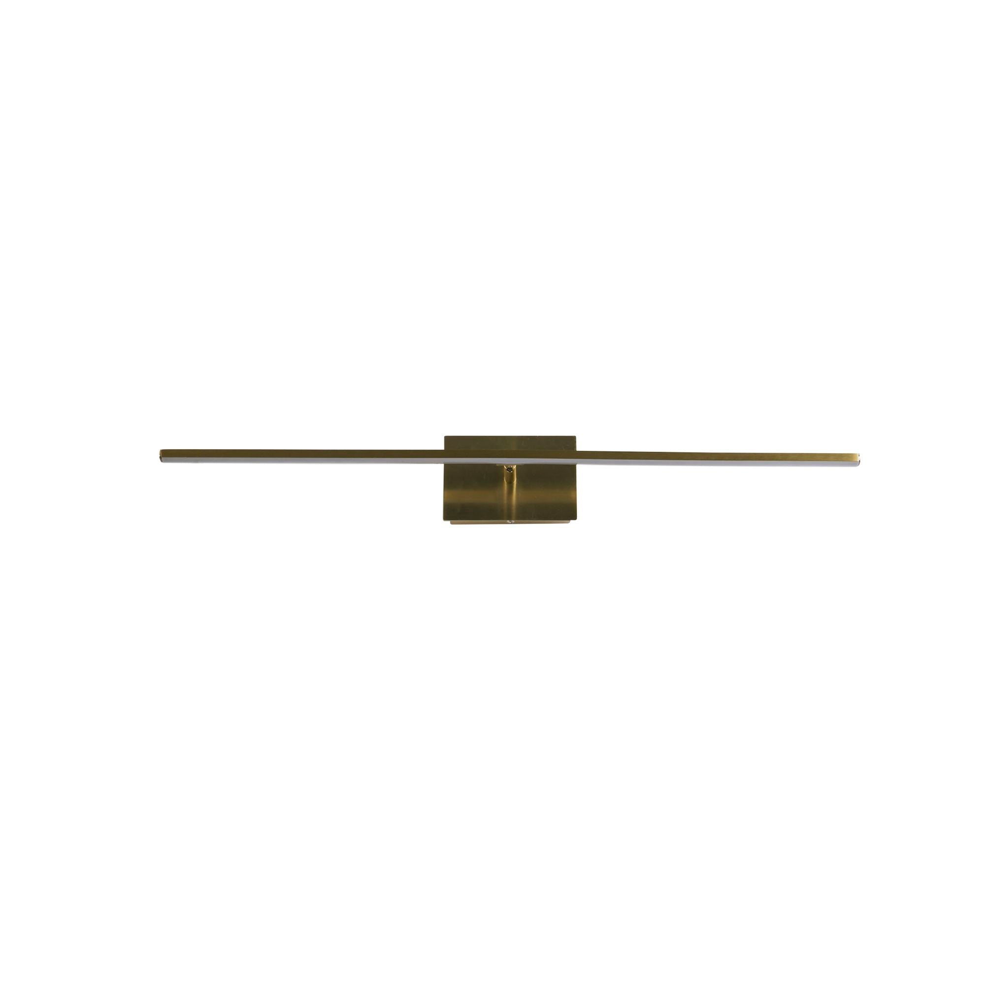 Straight on view of the satin brass Amalfi wall light with the LED bar lit and the small adjustable spotlight visible under the backplate
