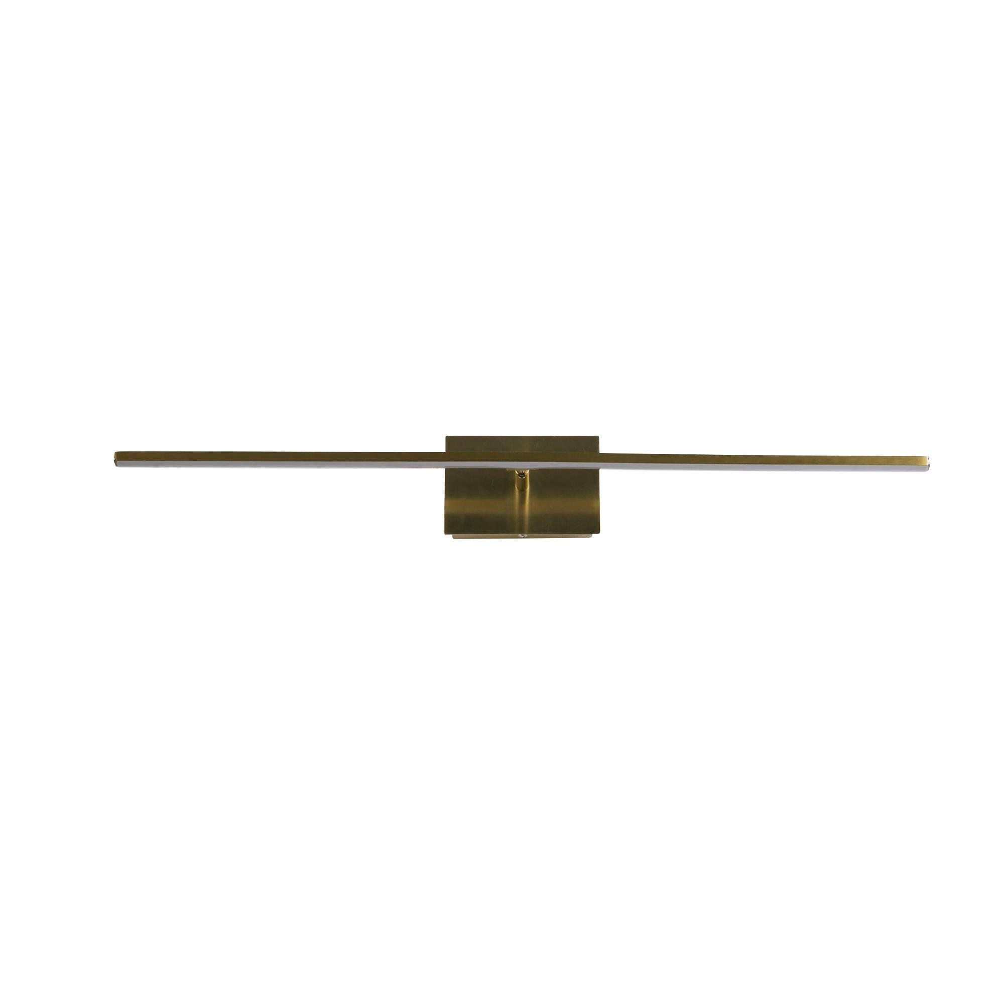 Straight on view of the satin brass 61cm Amalfi wall light with the LED bar lit and the small adjustable spotlight visible under the backplate
