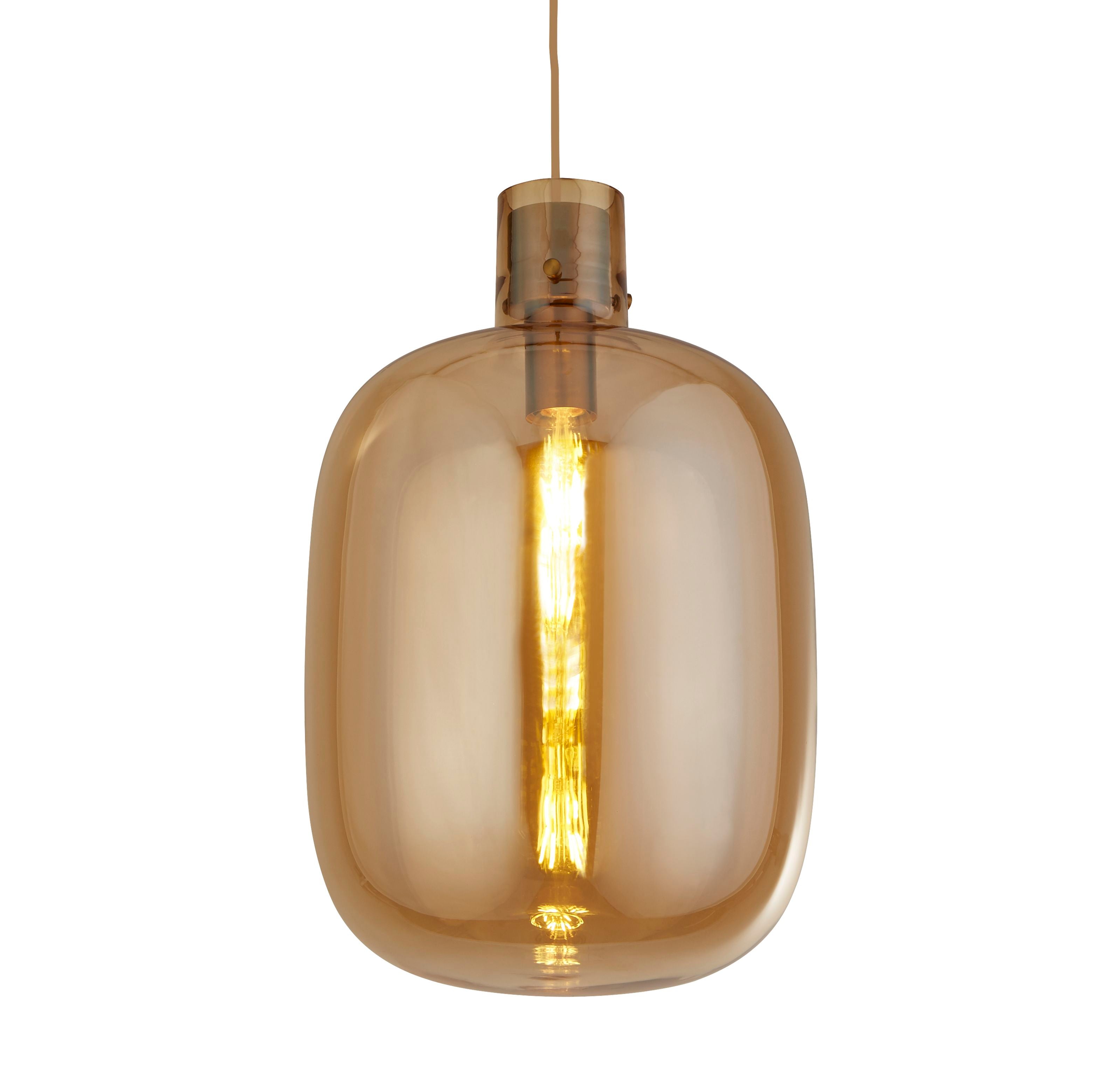 Searchlight Barrel pendant light in satin brass with an amber glass shade, studio shot on a white background